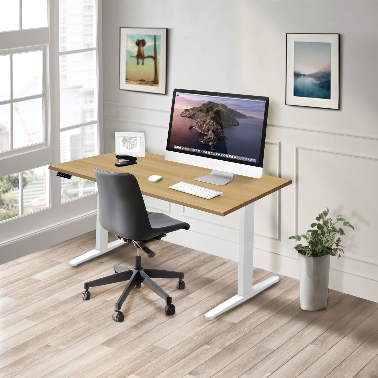 Mount-It! Dual Motor Electric 55inW Adjustable Height Standing Desk, Maple/White - Image 3