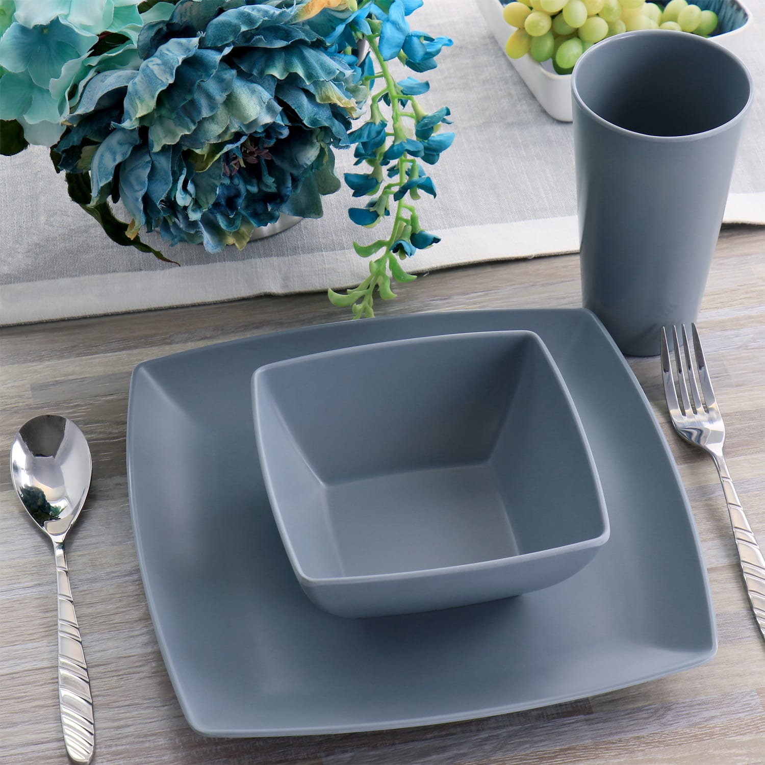 Gibson Home 12-Piece Grayson Melamine Square Dinnerware Set, Gray - Image 3