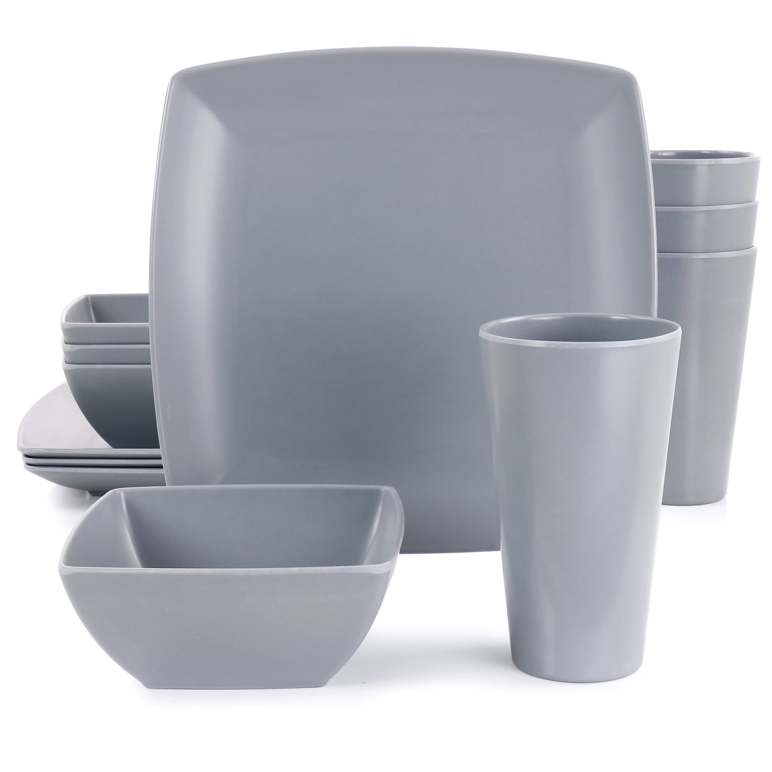 Gibson Home 12-Piece Grayson Melamine Square Dinnerware Set, Gray - Image 4