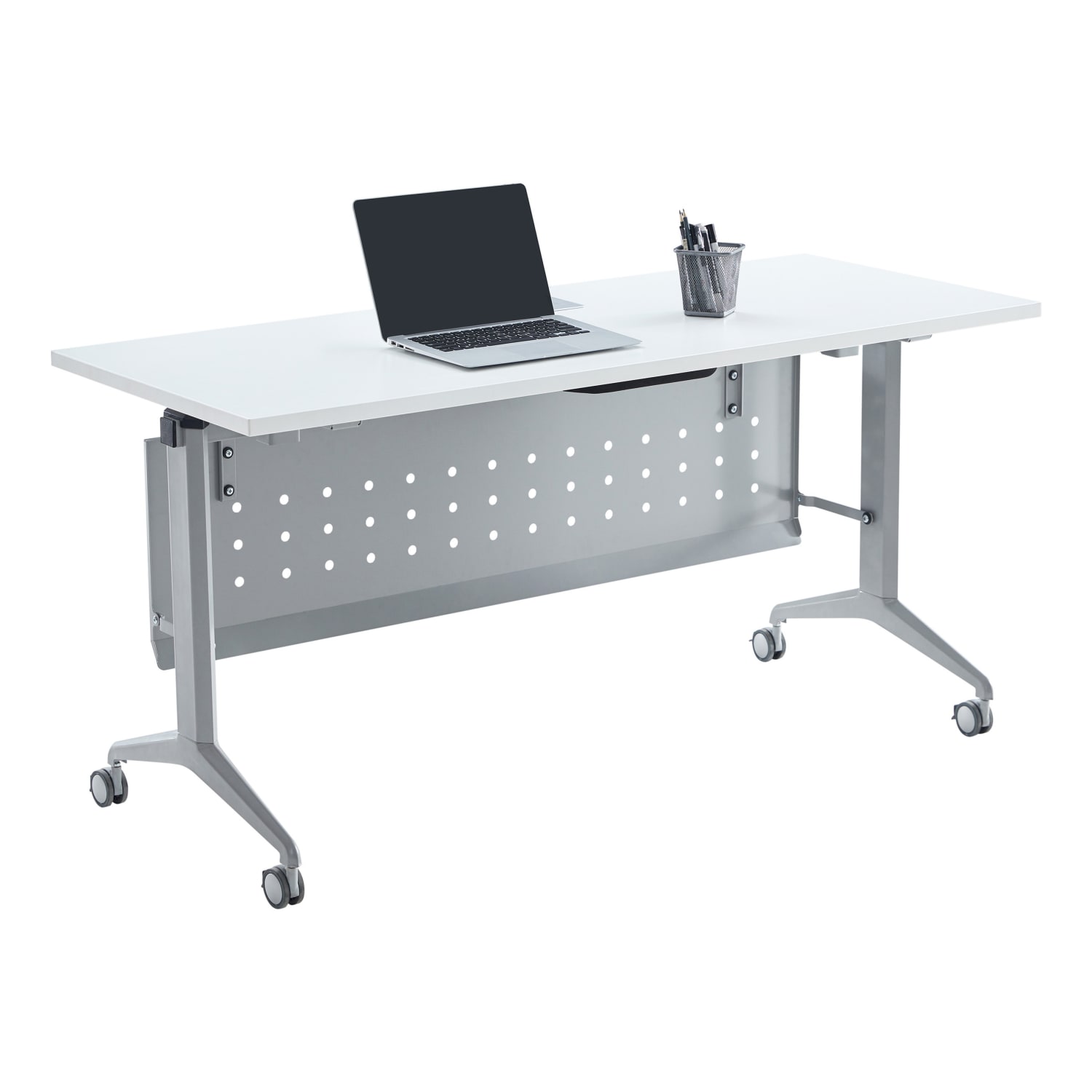 WorkPro AnyPlace Flip-Top Nesting Training Table With Modesty Panel, 60inW x 29-1/2inH x 24inD, White/Silver