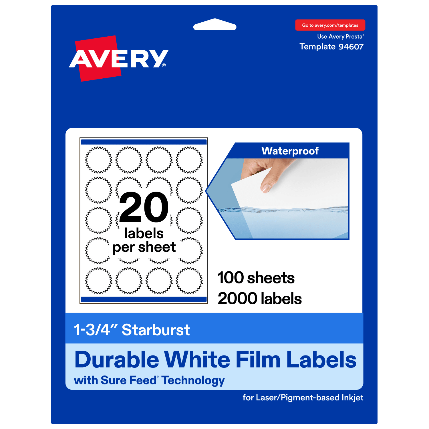 Avery Waterproof Permanent Labels With Sure Feed, 94607-WMF100, Starburst, 1-3/4in, White, Pack Of 2,000