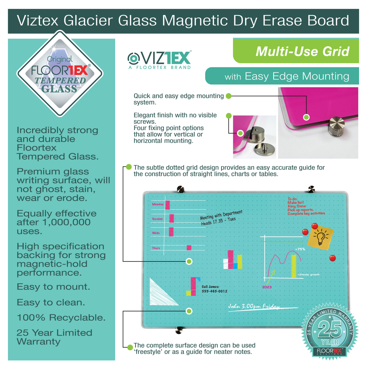 Floortex Viztex Glacier Multi-Purpose Grid Glass Dry Erase Board, 24in x 36in, Teal - Image 5