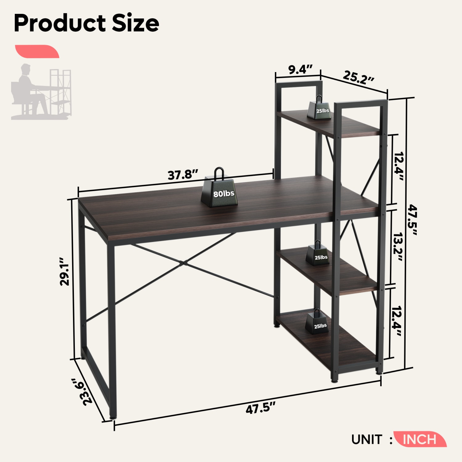 Bestier Modern 48inW Office Computer Desk With Storage Shelf & Headset Hook, Dark Walnut - Image 6