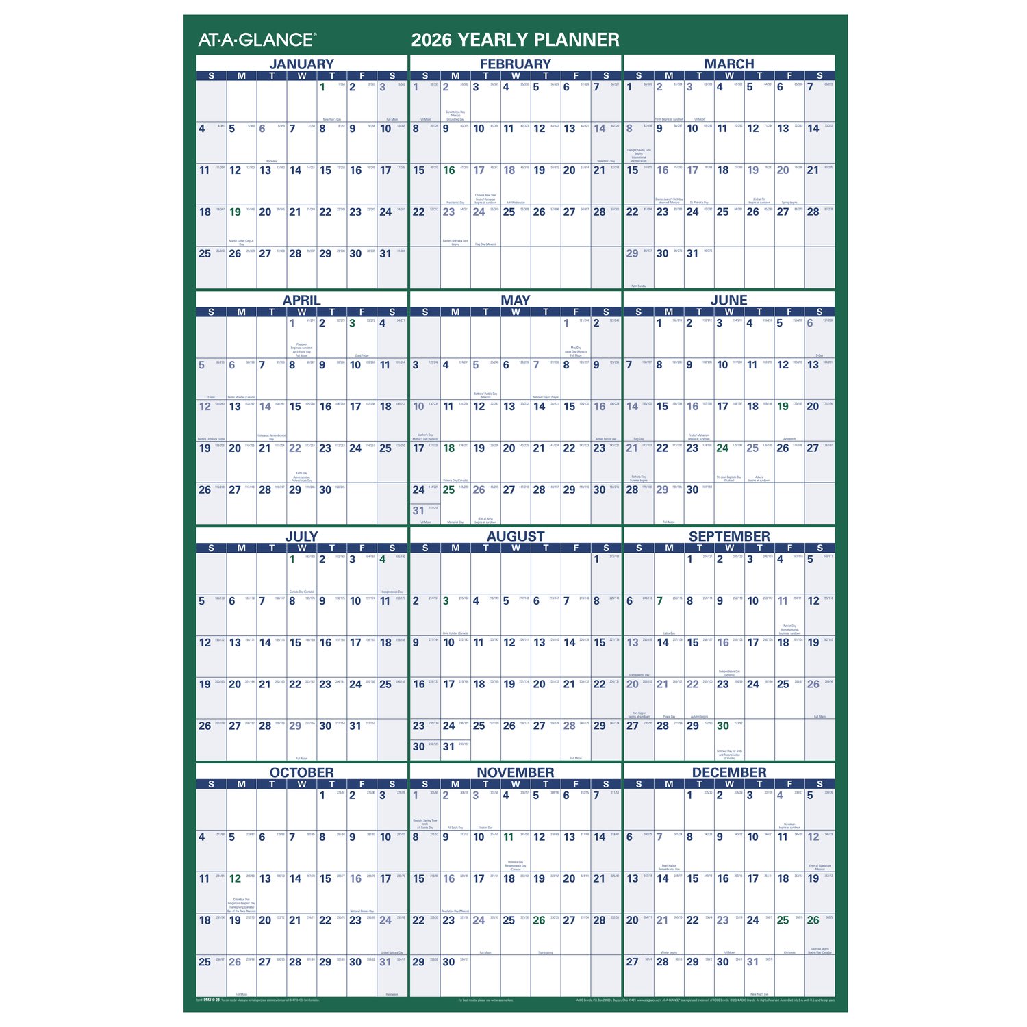 AT-A-GLANCE 2026 Vertical Reversible Erasable Wall Calendar, Extra Large, 32in x 48in