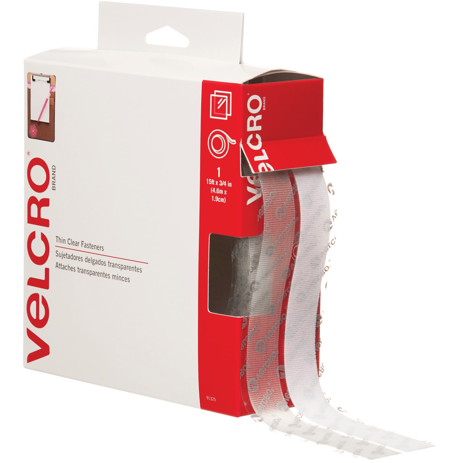 VELCRO Brand Self Stick Tape Combo Pack, 3/4in x 15ft, Clear