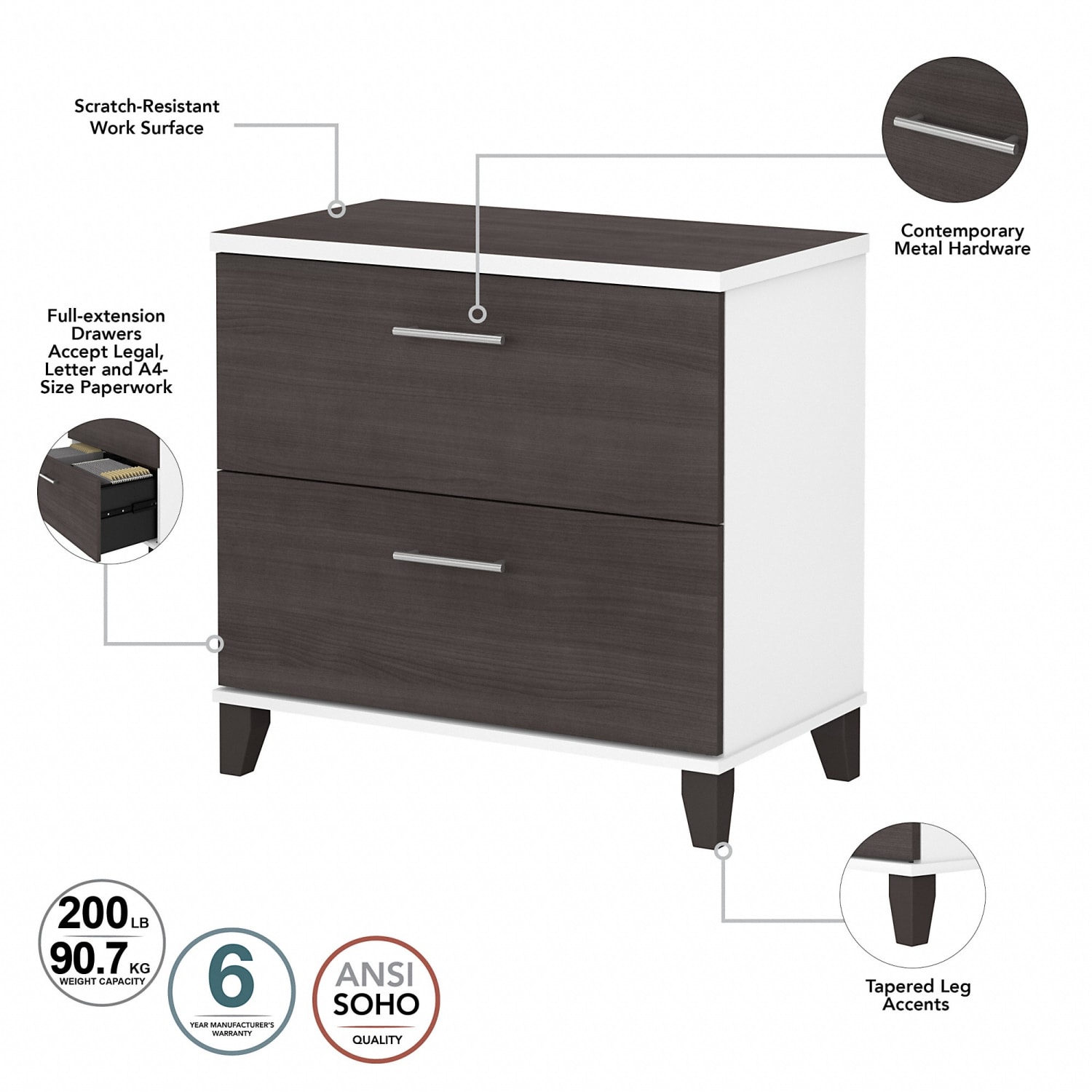 Bush Furniture Somerset 72inW L-Shaped Desk With Hutch, Lateral File Cabinet And Bookcase, Storm Gray/White, Standard Delivery - Image 6