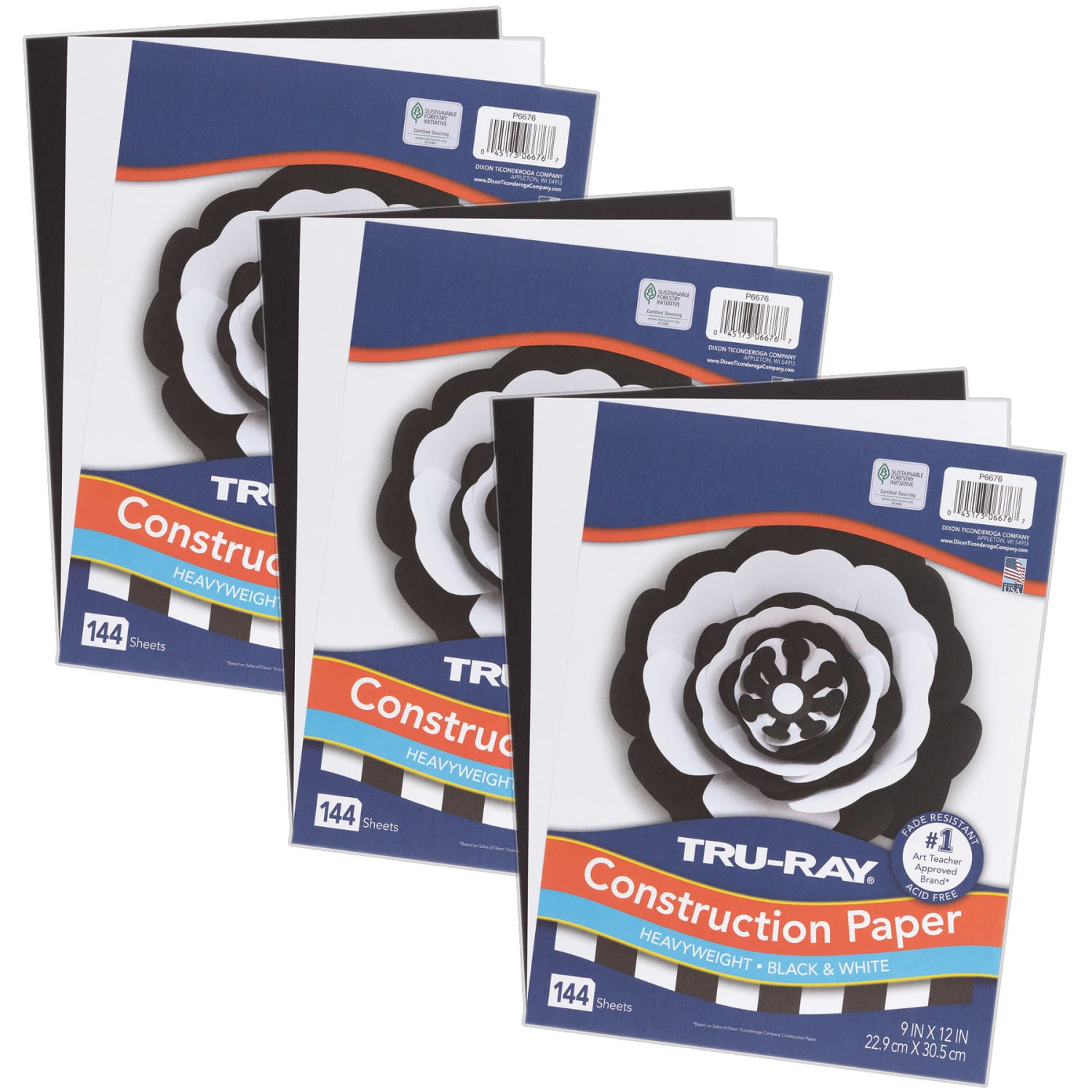 Tru-Ray Construction Paper, Heavyweight, 9in x 12in, Black & White, 144 Sheets Per Pack, Set Of 3 Packs