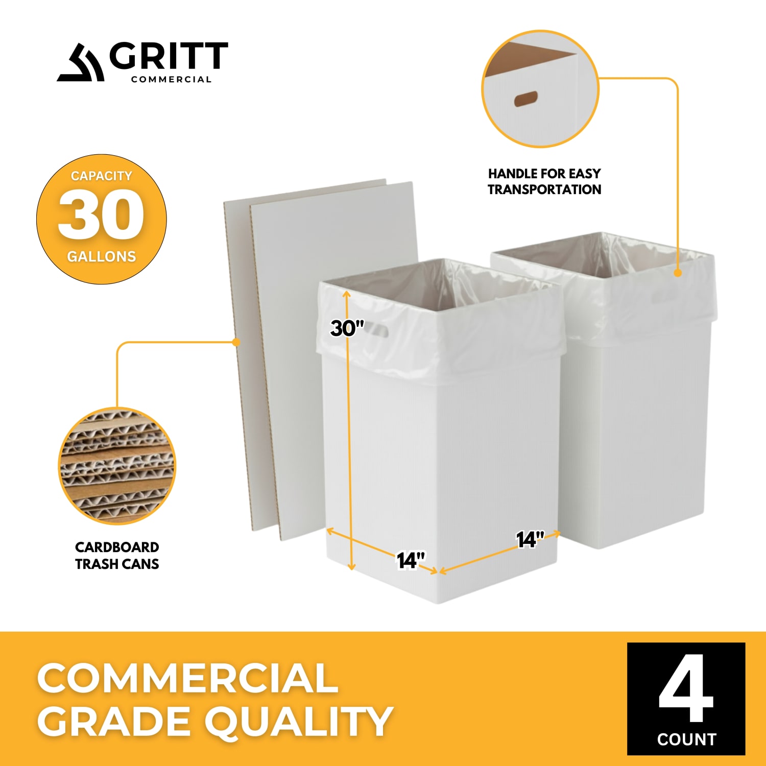 Gritt Commercial 30-Gallon Corrugated Cardboard Trash/Recycling Waste Containers, White, Pack Of 4 Containers - Image 3