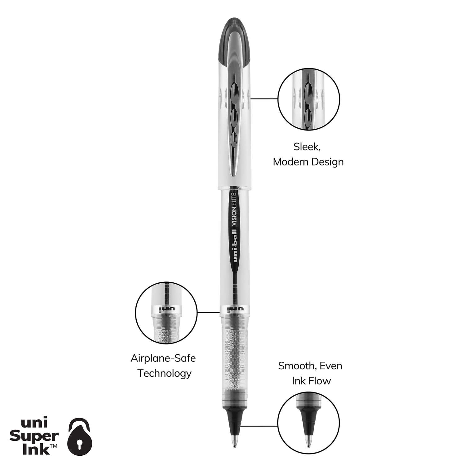 uni-ball Vision Elite Liquid Ink Rollerball Pens, Bold Point, 0.8 mm, White Barrel, Black Ink, Pack Of 4 - Image 6
