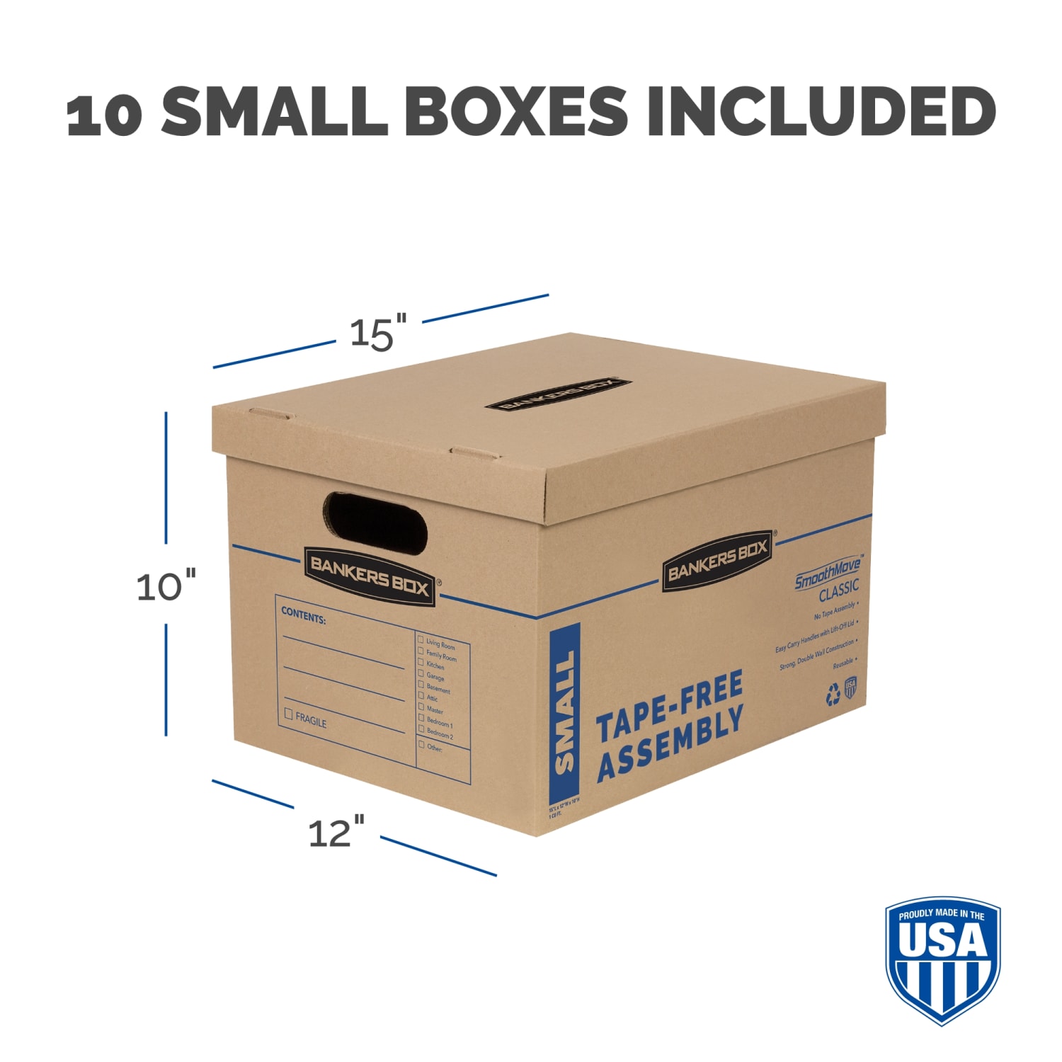 Bankers Box SmoothMove Classic Moving & Storage Boxes, Small, 10in x 12in x 15in, Kraft/Blue, Carton Of 10 - Image 3