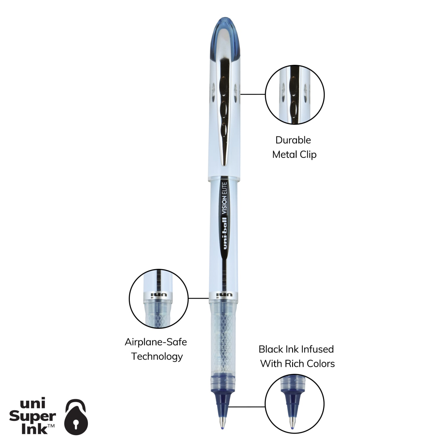 uni-ball Vision Elite Liquid Ink Rollerball Pen, Bold Point, 0.8 mm, Silver Barrels, Blue/Black Ink - Image 4