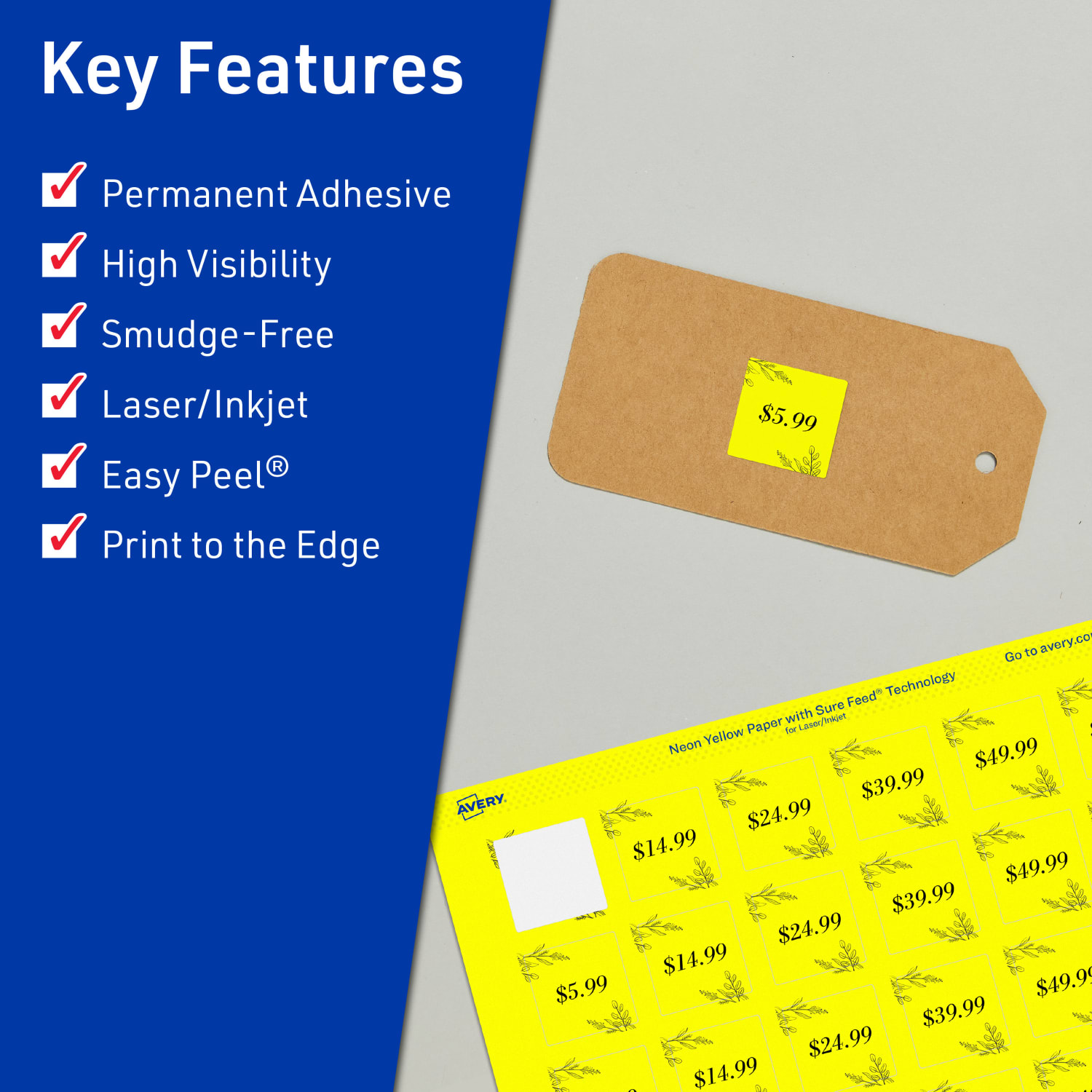 Avery Print-To-The-Edge Labels With Sure Feed Technology And Easy Peel, 94102-NYP20, Square, 3/4in x 3/4in, Matte Neon Yellow, Pack of 1600 - Image 3