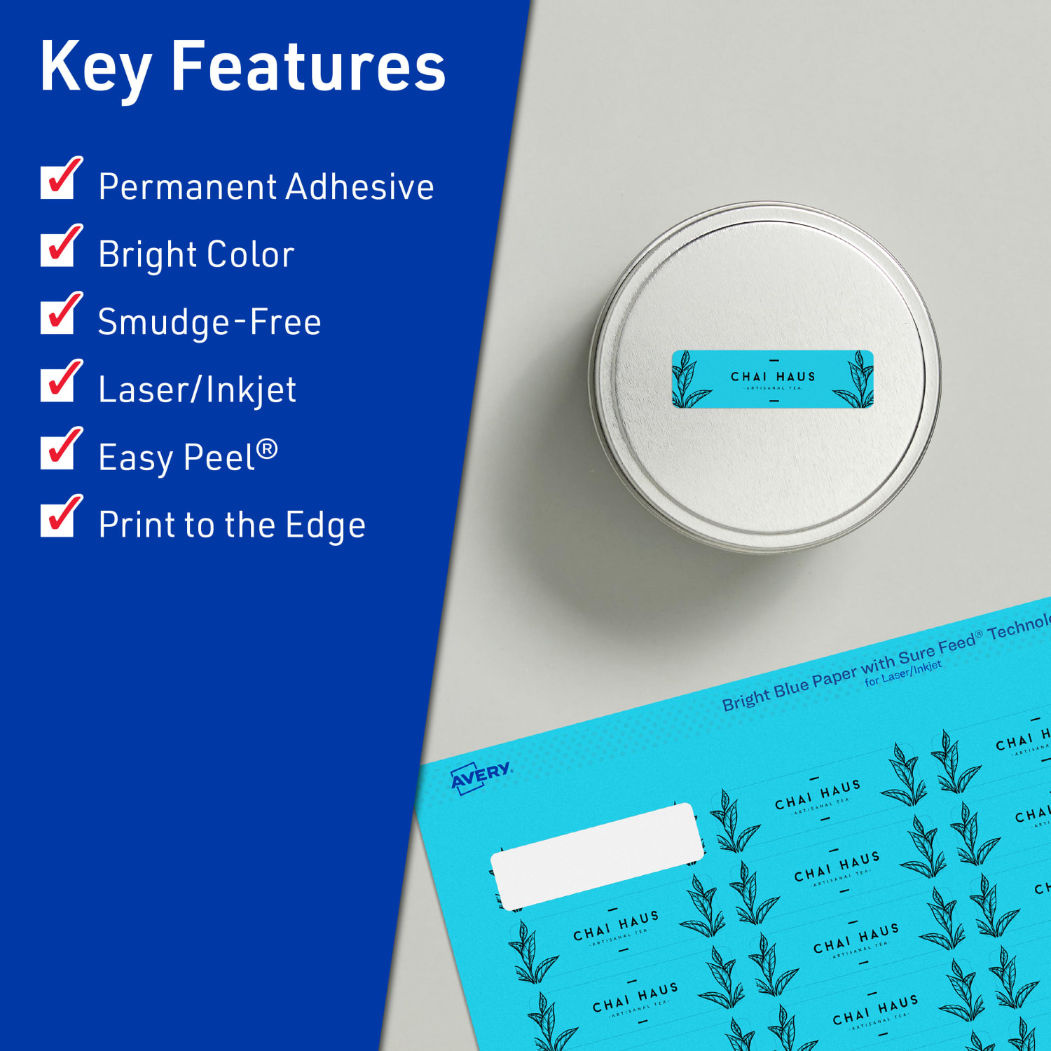 Avery Print-To-The-Edge Labels With Sure Feed Technology And Easy Peel, 94219-BBP20, Rectangle, 1in x 1-1/2in, Matte Bright Blue, Pack of 640 - Image 3