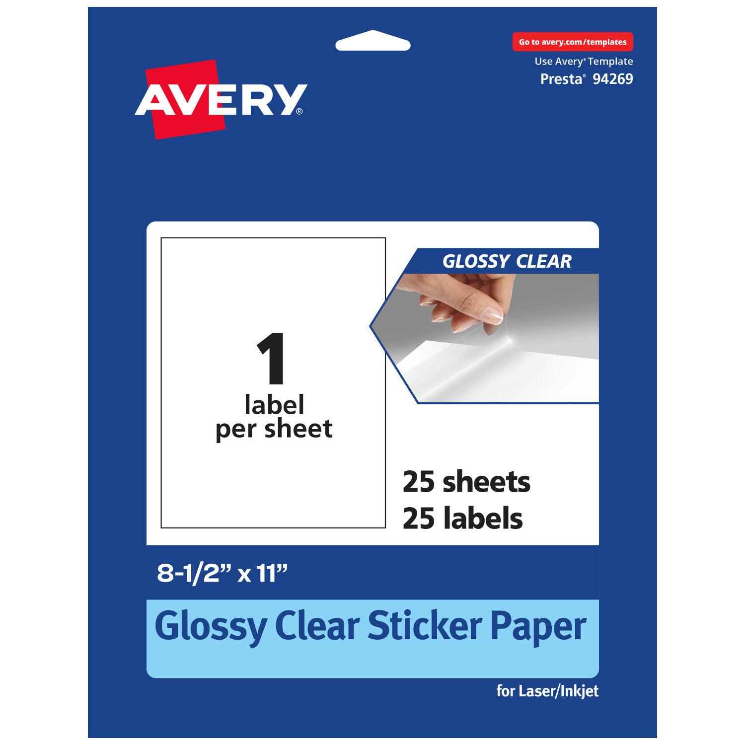 Avery Glossy Permanent Labels, 94269-CGF25, Rectangle, 8-1/2in x 11in, Clear, Pack Of 25