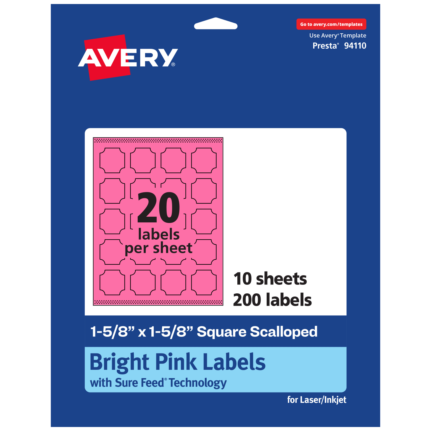 Avery Print-To-The-Edge Labels With Sure Feed Technology, 94110-BPP10, Square Scalloped, 1-5/8in x 1-5/8in, Matte Bright Pink, Pack of 200