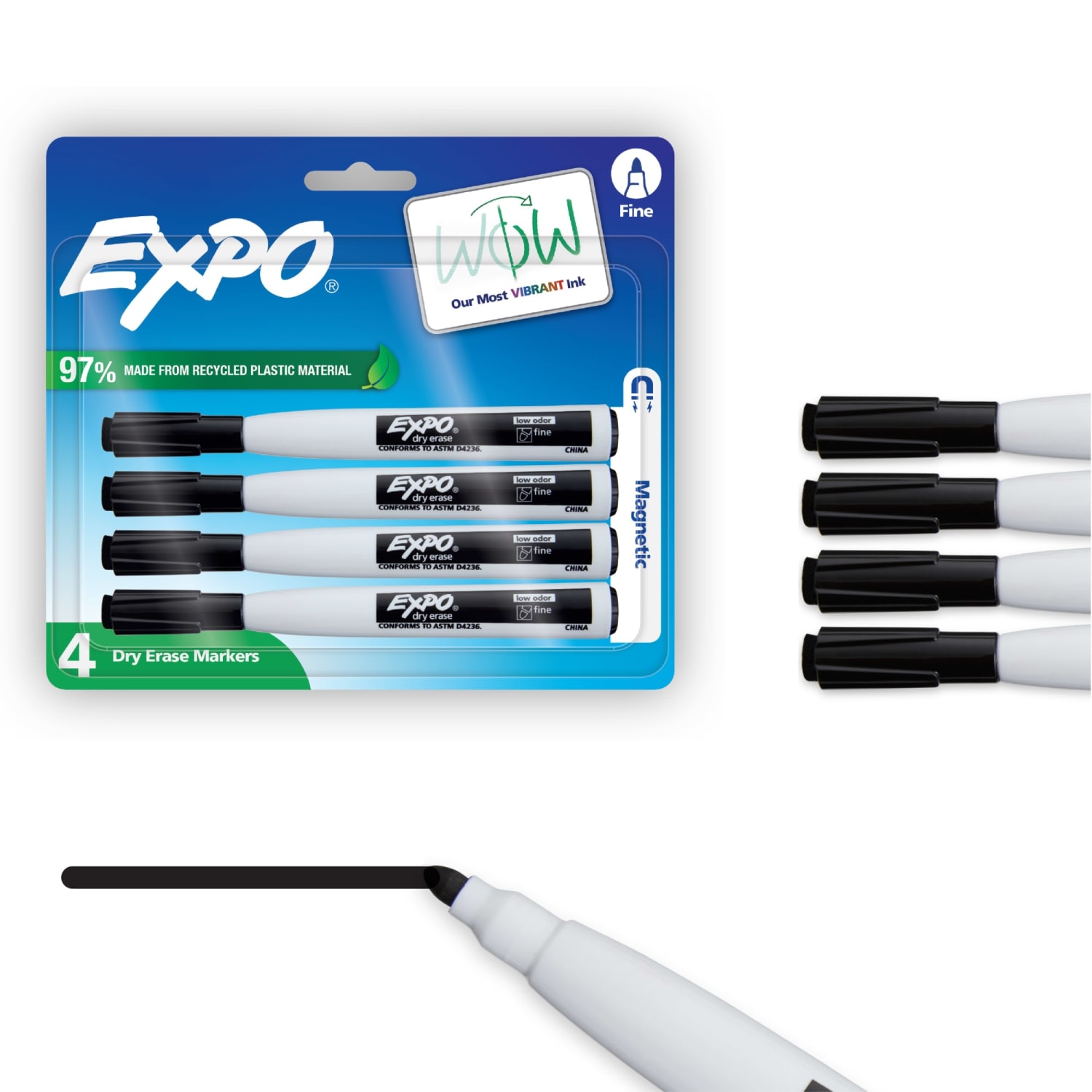 EXPO Magnetic Dry Erase Markers With Eraser, Fine Tip, Black Ink, Pack Of 4