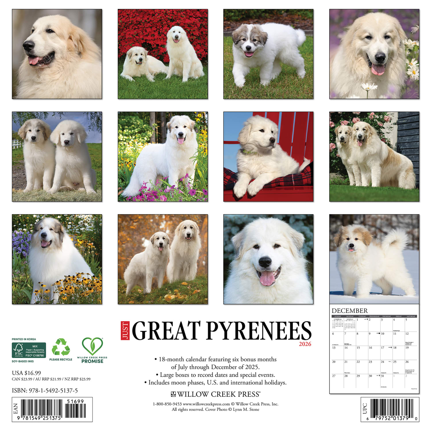 2026 Willow Creek Press Animals Monthly Wall Calendar, 12in x 12in, Great Pyrenees, January To December, 51375 - Image 6