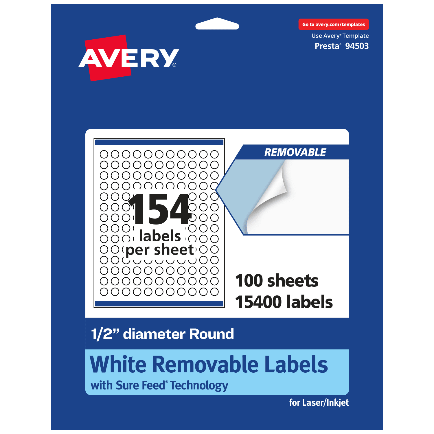 Avery Removable Labels With Sure Feed, 94503-RMP100, Round, 1/2in Diameter, White, Pack Of 15,400 Labels