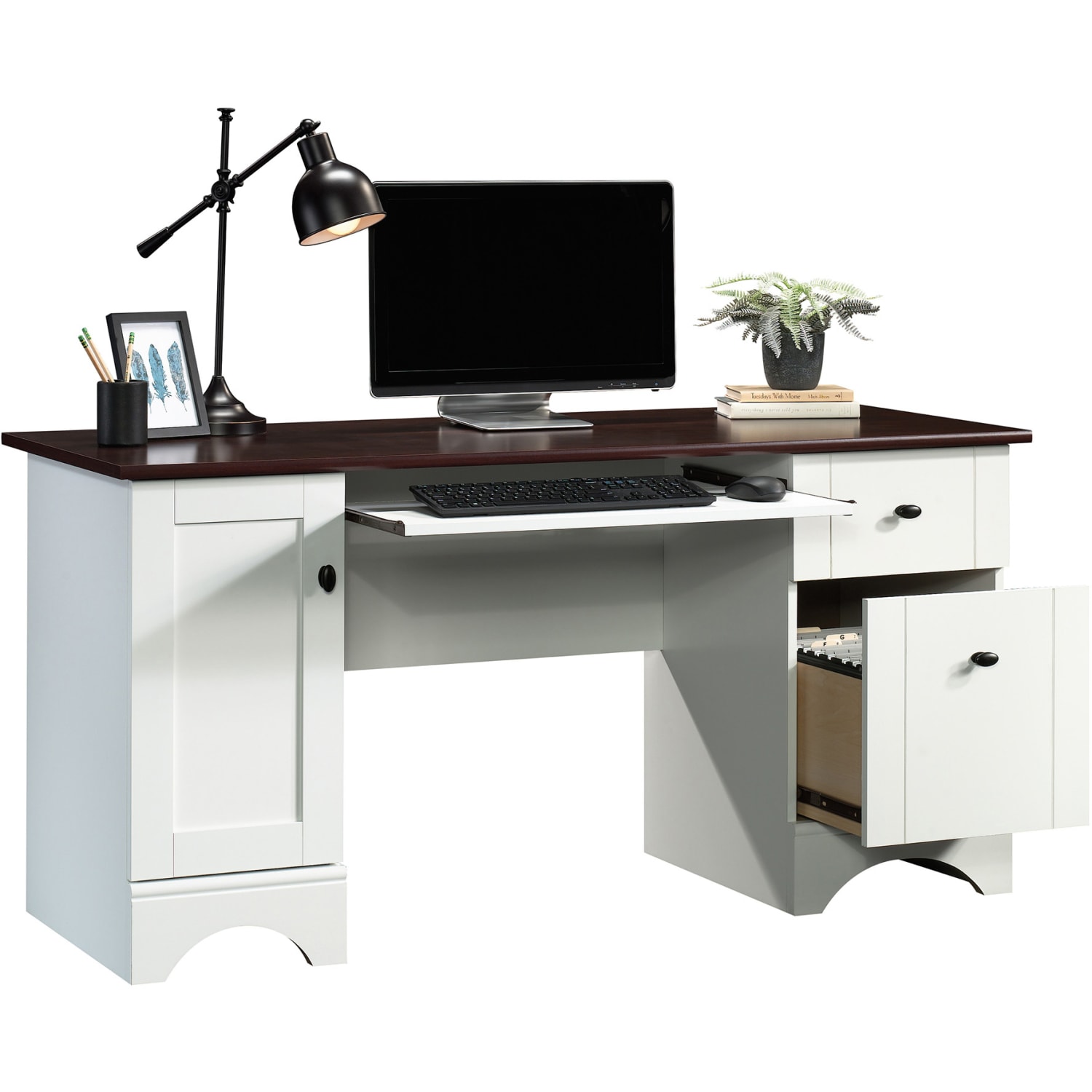 Sauder Select 60inW Double-Pedestal Computer Desk, Soft White/Cherry - Image 4