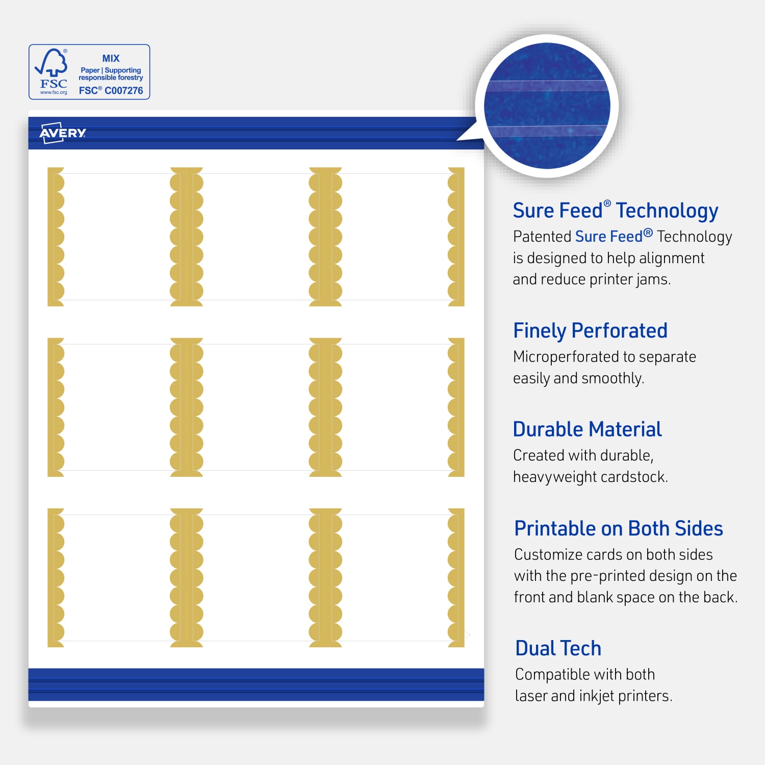 Avery Printable Cards With Sure Feed Technology, 2-1/2in x 2-1/2in, Matte White With Preprinted Gold Dots Edge, Pack Of 90 - Image 5