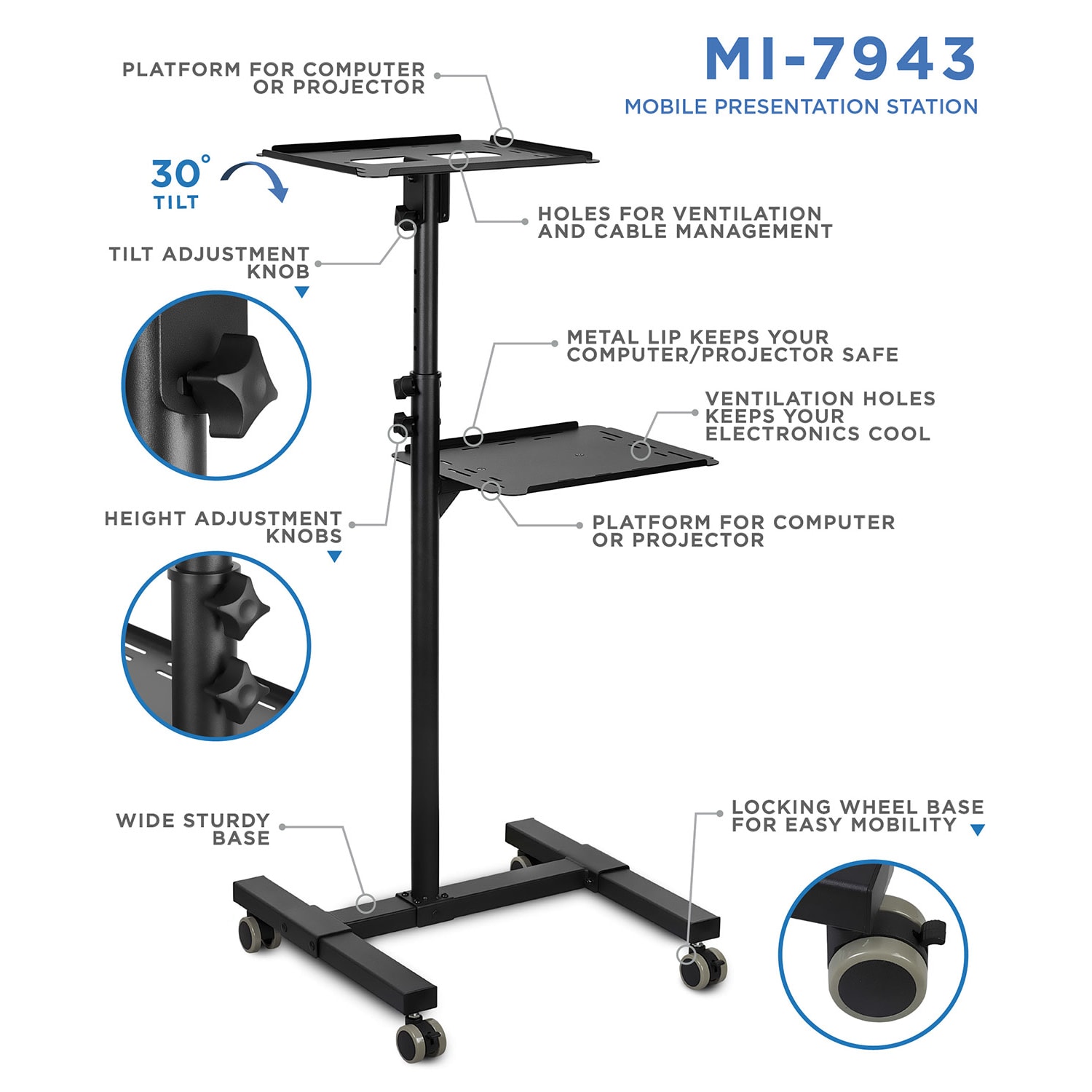 Mount-It! MI-7943 Mobile Projector Standing Desk, 33-1/2inH x 15-1/2inW x 4-1/2inD, Black - Image 5