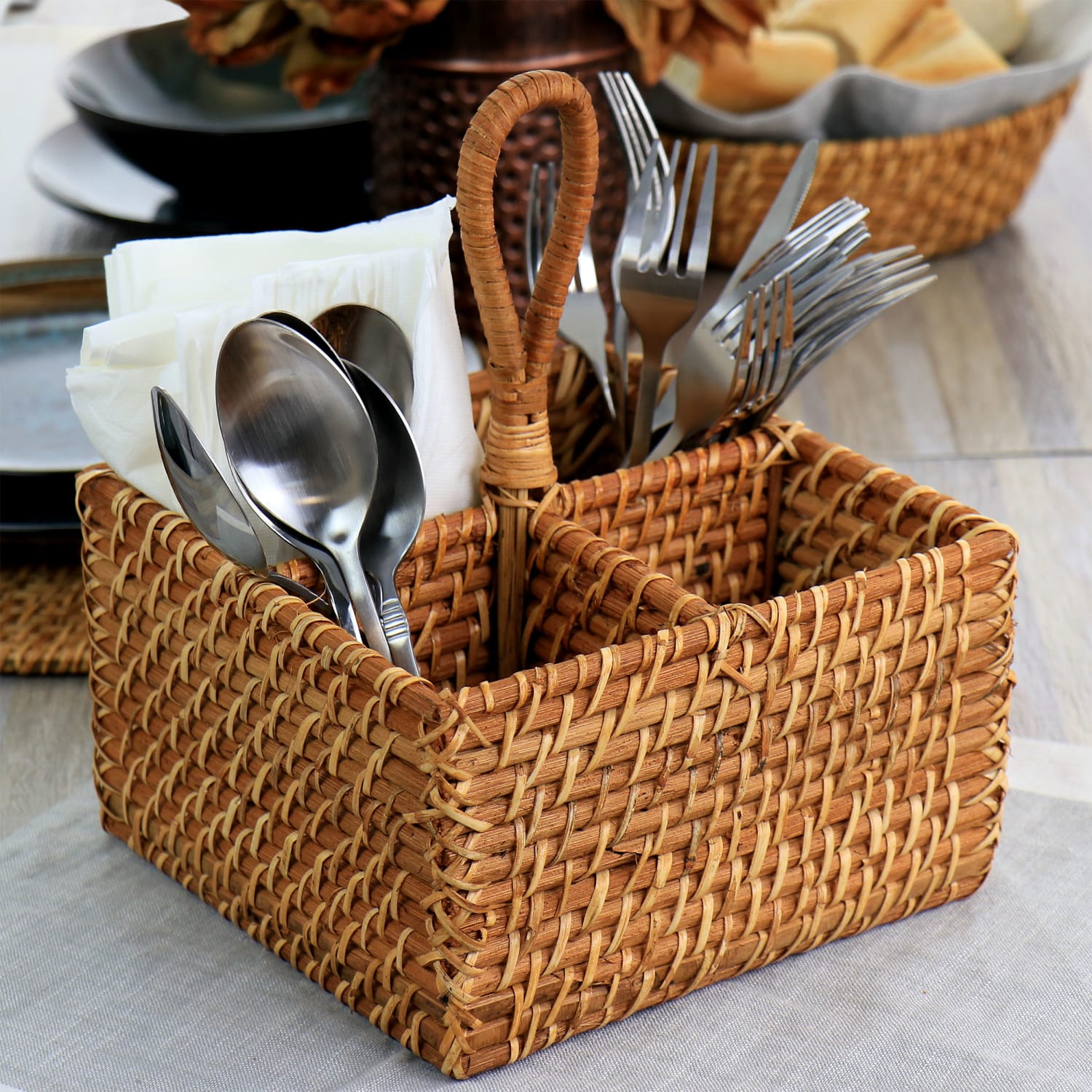 Martha Stewart Rattan Woven 4-Section Flatware Caddy, 10in x 8in x 4-9/16in, Brown - Image 3
