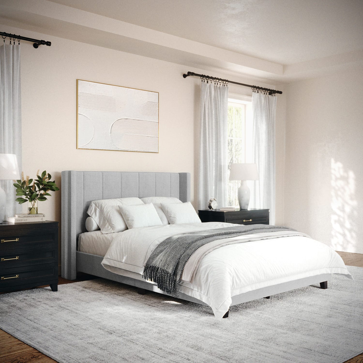 Martha Stewart Kay Upholstered Platform Bed with Channel Stitched Wingback Headboard and Cushioned Siderails - TW3WDB03BFGY - Image 6