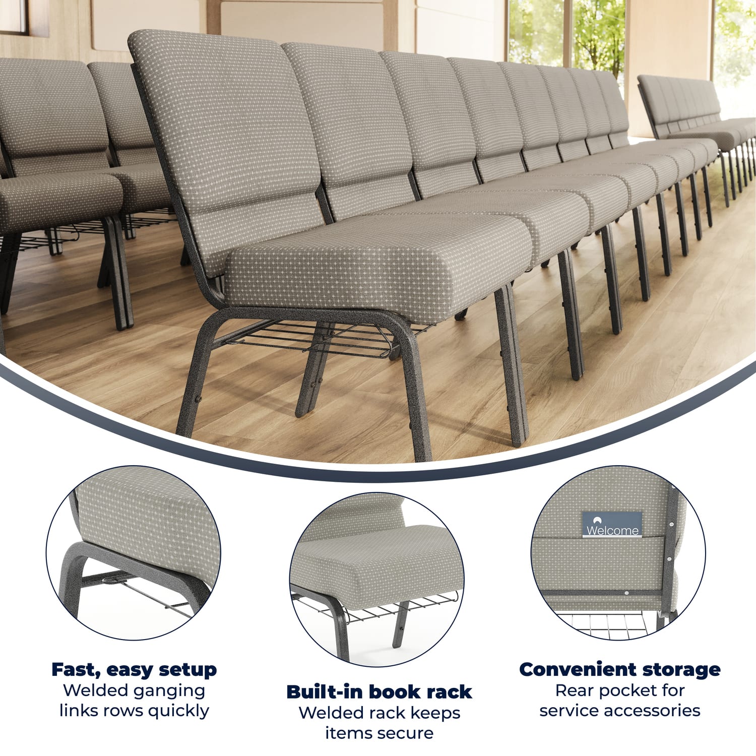 Flash Furniture HERCULES Series Church Chair With Book Rack, Gray Dot/Silver Vein - Image 4