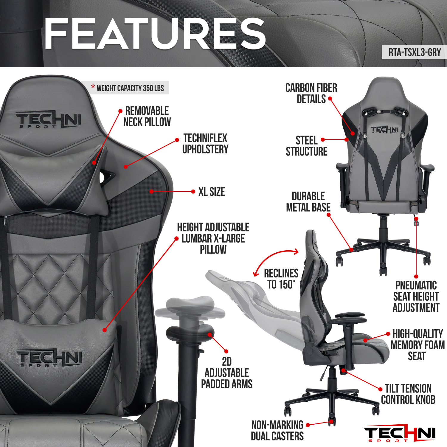 Techni Sport RTA-TSXL3-GRY Computer Gaming Chair - Image 4
