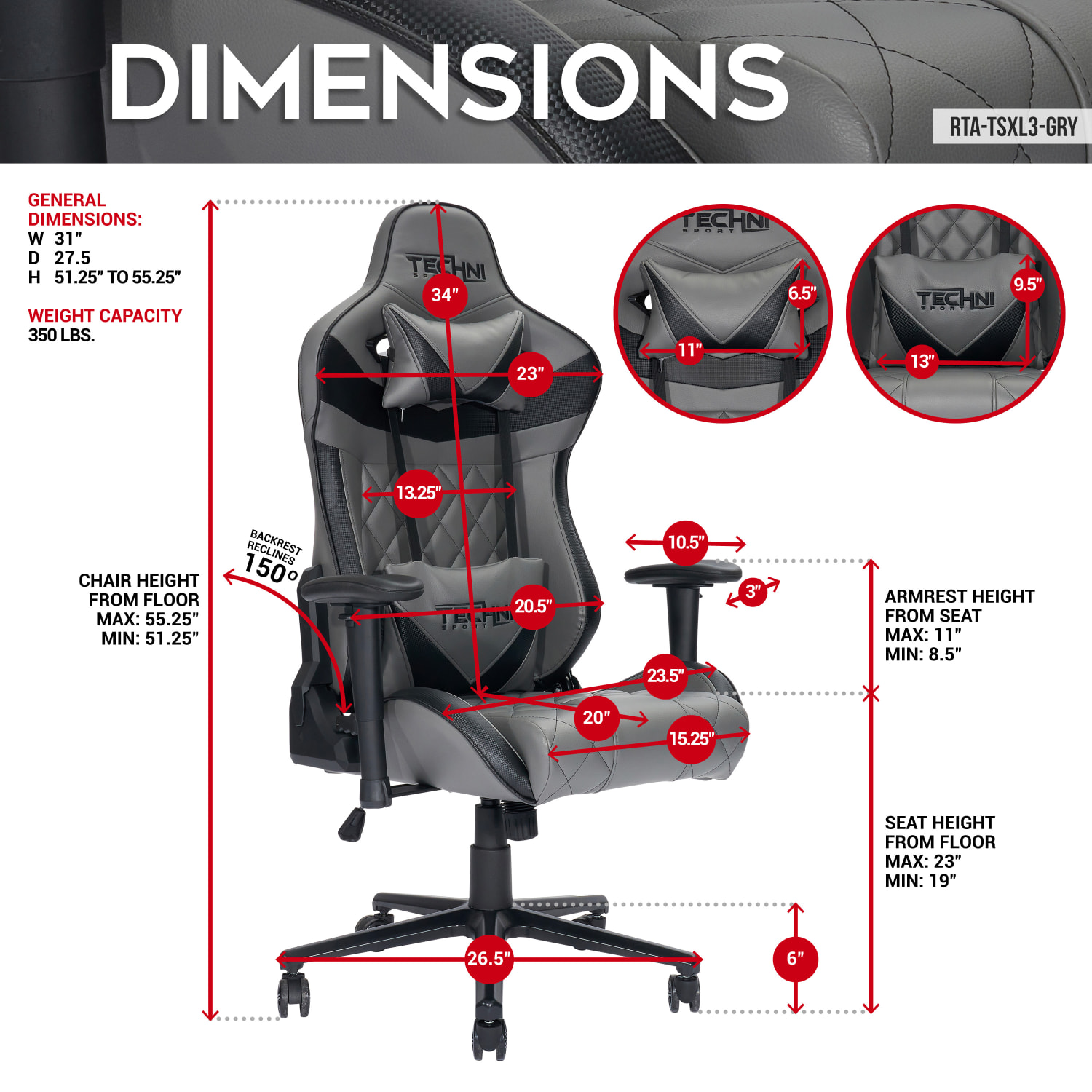 Techni Sport RTA-TSXL3-GRY Computer Gaming Chair - Image 5