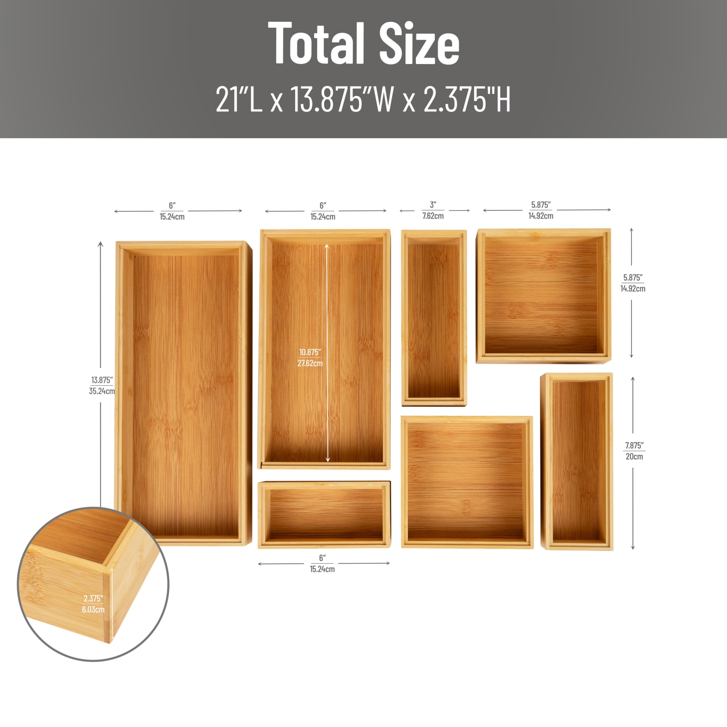 Mind Reader 7-Piece Bamboo Drawer Organizer Set, Brown - Image 4