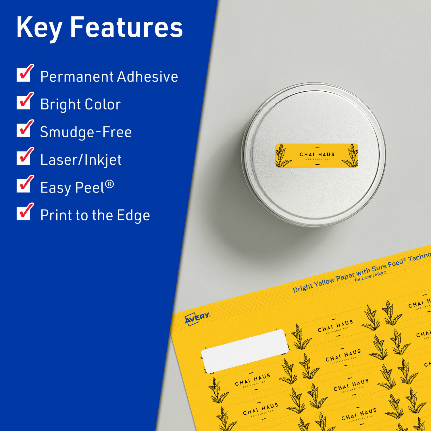 Avery Print-To-The-Edge Labels With Sure Feed Technology And Easy Peel, 94219-BYP80, Rectangle, 1in x 1-1/2in, Matte Bright Yellow, Pack of 2560 - Image 3