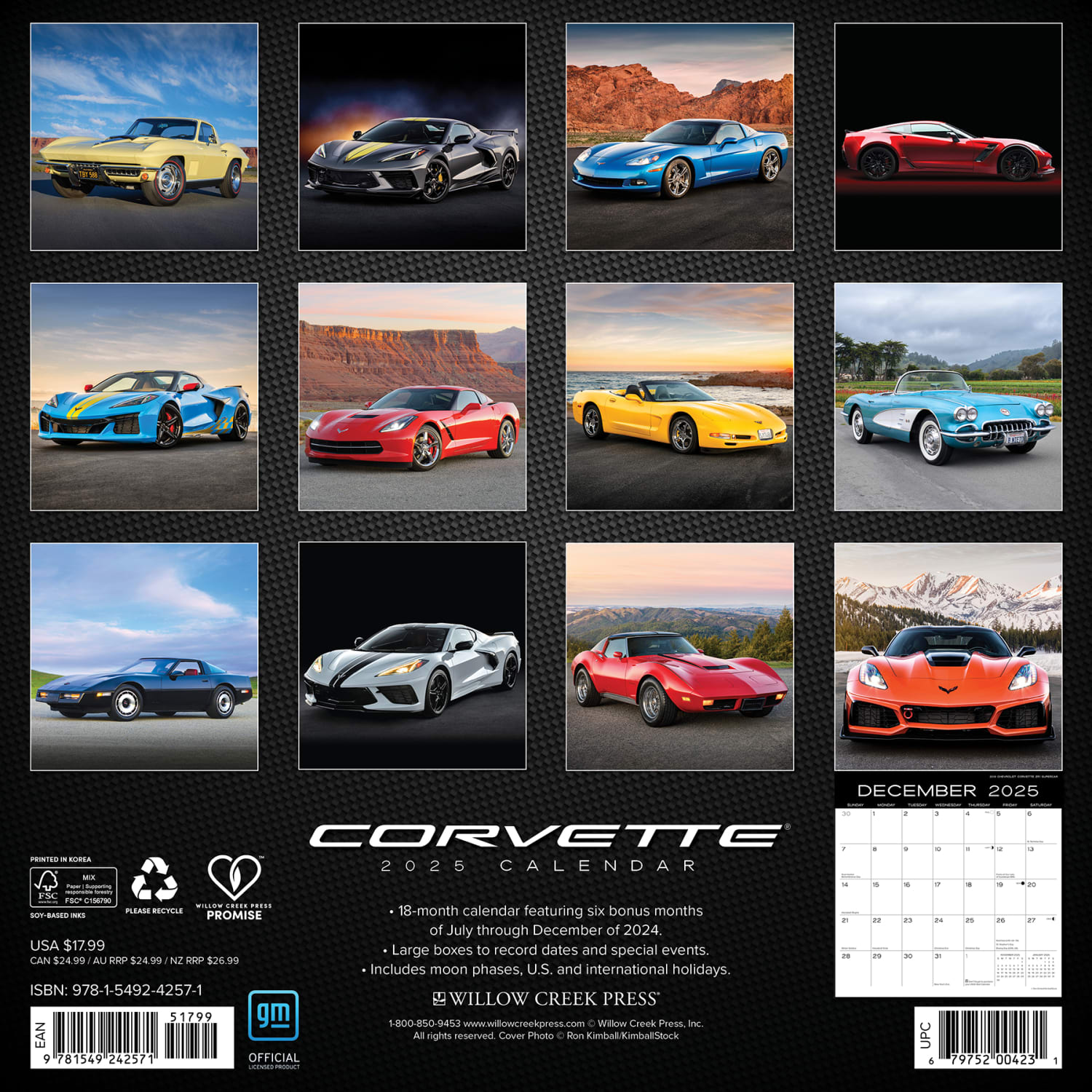 2025 Willow Creek Press Monthly Wall Calendar With Foil Cover, 12in x 12in, Corvette, January To December 2025 - Image 6