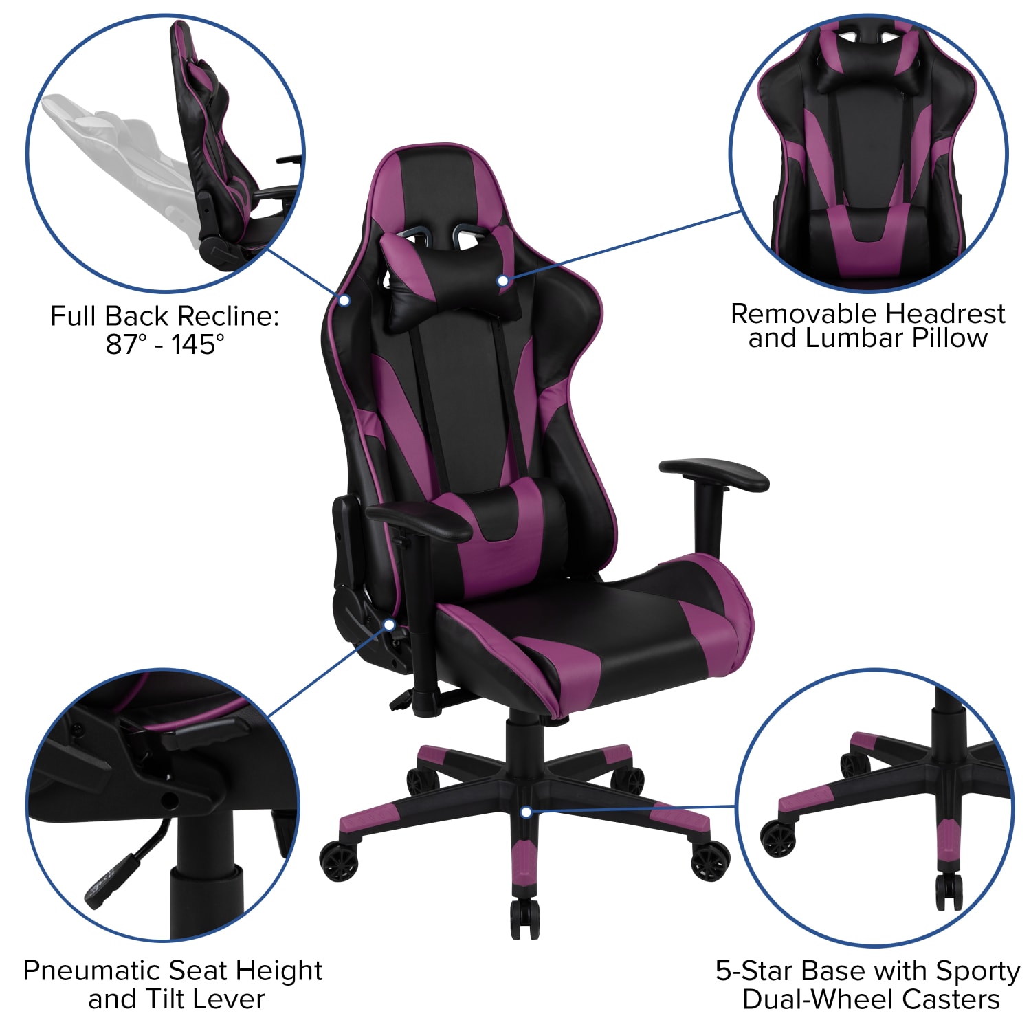 Flash Furniture X20 Ergonomic LeatherSoft High-Back Racing Gaming Chair, Purple - Image 6