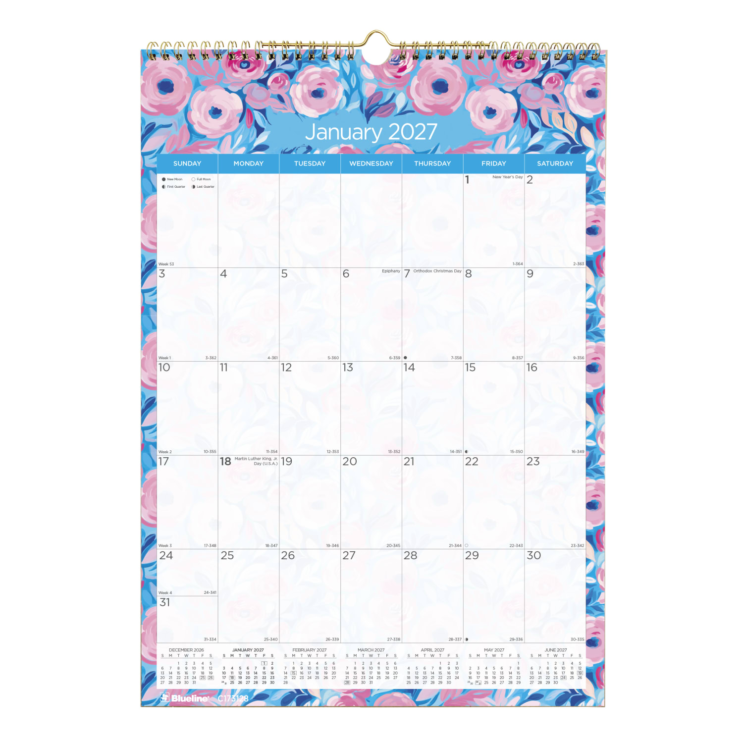 2027 Blueline Colorful Monthly Wall Calendar, 12in x 17in, Floral, January To December, C173128, Total Qty 1
