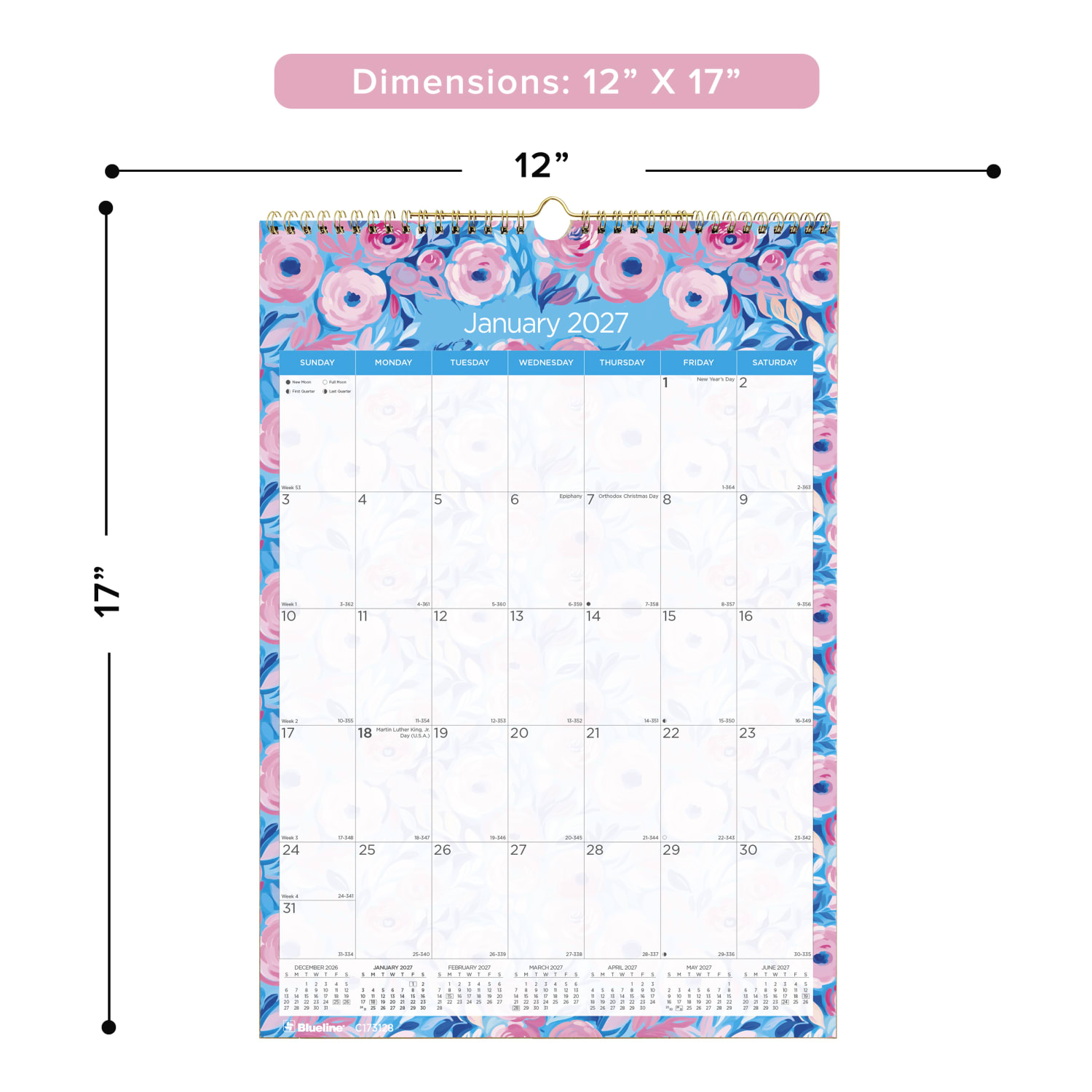 2027 Blueline Colorful Monthly Wall Calendar, 12in x 17in, Floral, January To December, C173128, Total Qty 1 - Image 3