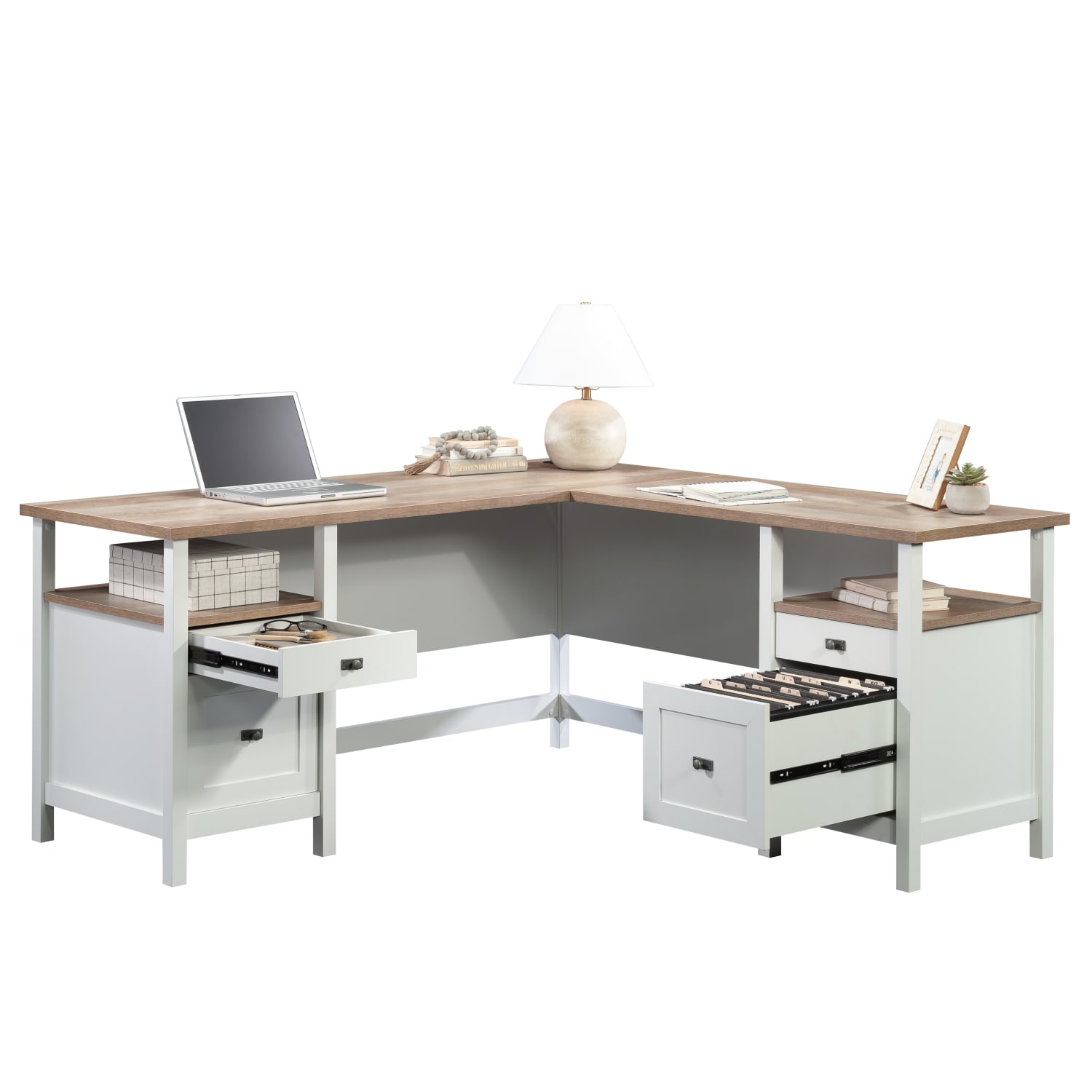 Sauder Cottage Road 65inW L Computer Desk With Drawers, White/Lintel Oak - Image 4