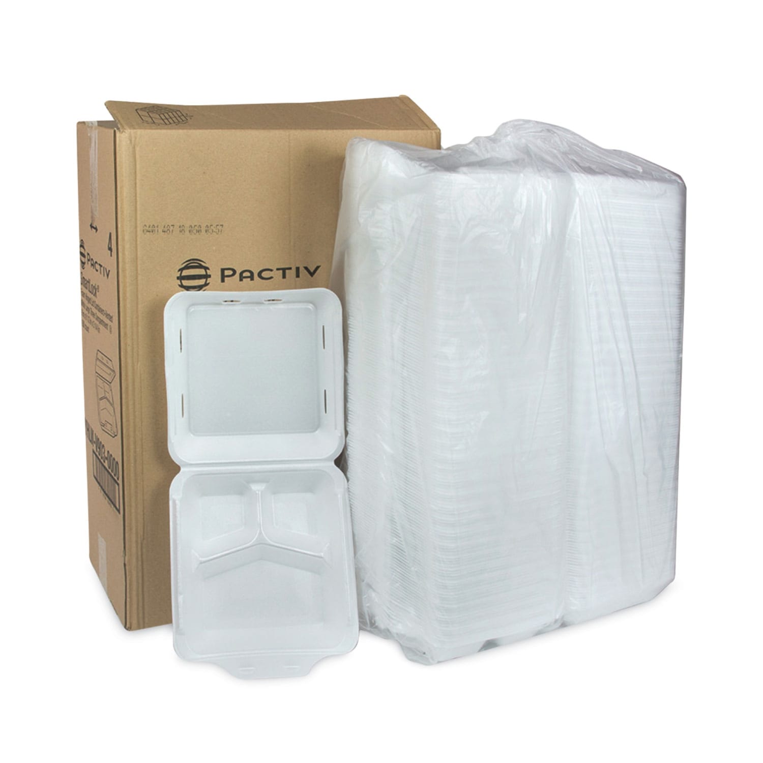 Pactiv Evergreen SmartLock Vented Foam Hinged Lid Containers, 3-Compartment, 3-1/4inH x 9inW x 9-1/4inD, White, Carton Of 150 Containers - Image 5