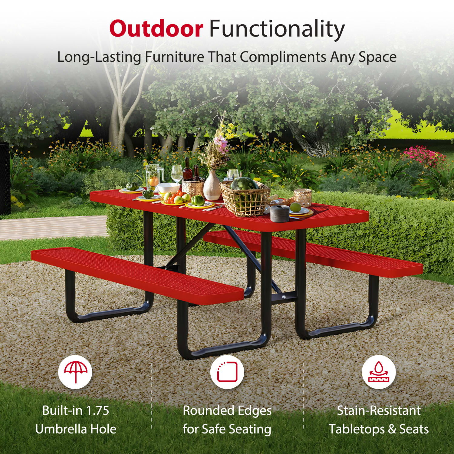 Leisure Craft Rectangle Outdoor Picnic Table, 29-11/16inH x 72inW x 62inD, Black/Red - Image 4