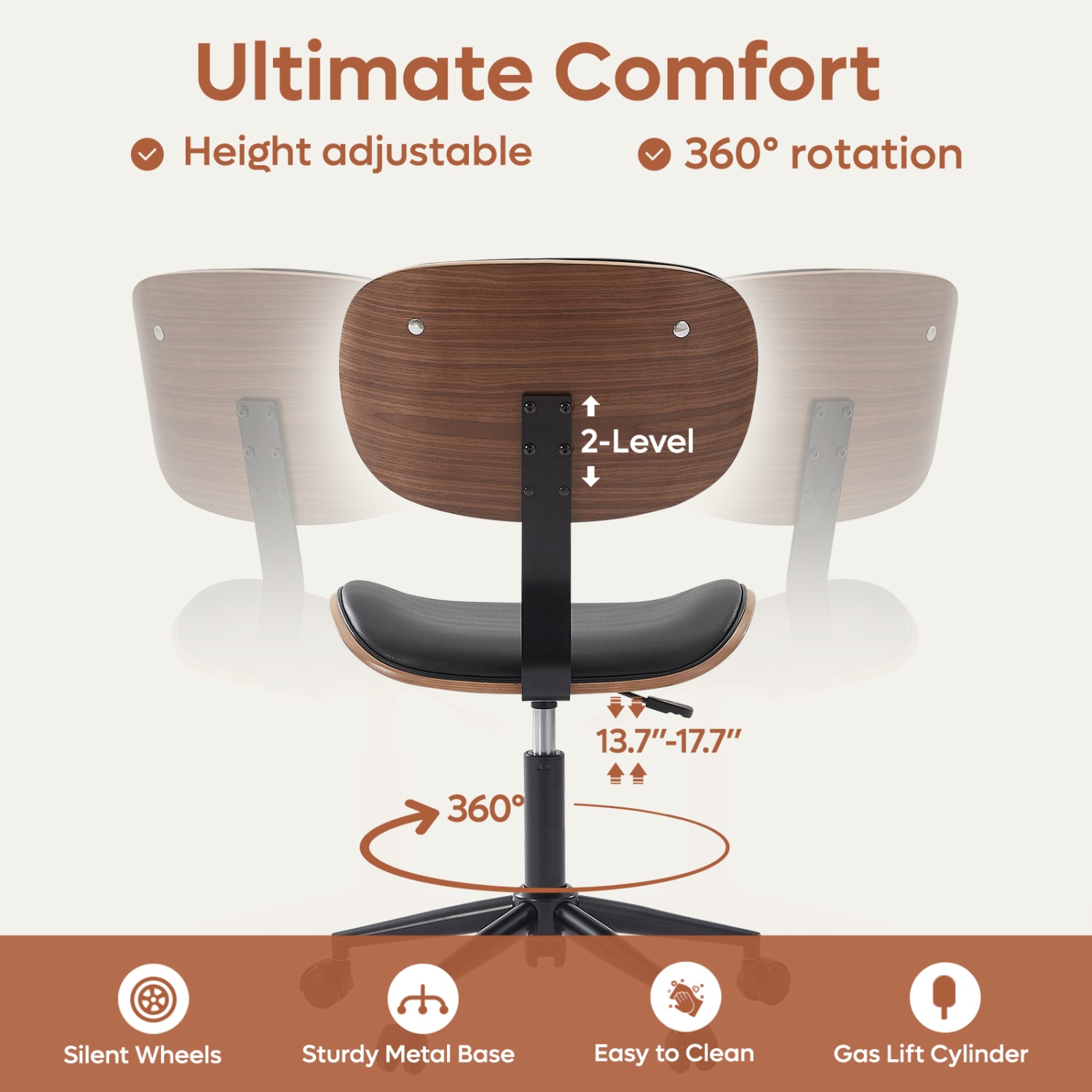 Bestier Ergonomic Faux Leather Mid-Back Armless Office Task Chair With Swivel Curved Seat, Black - Image 4
