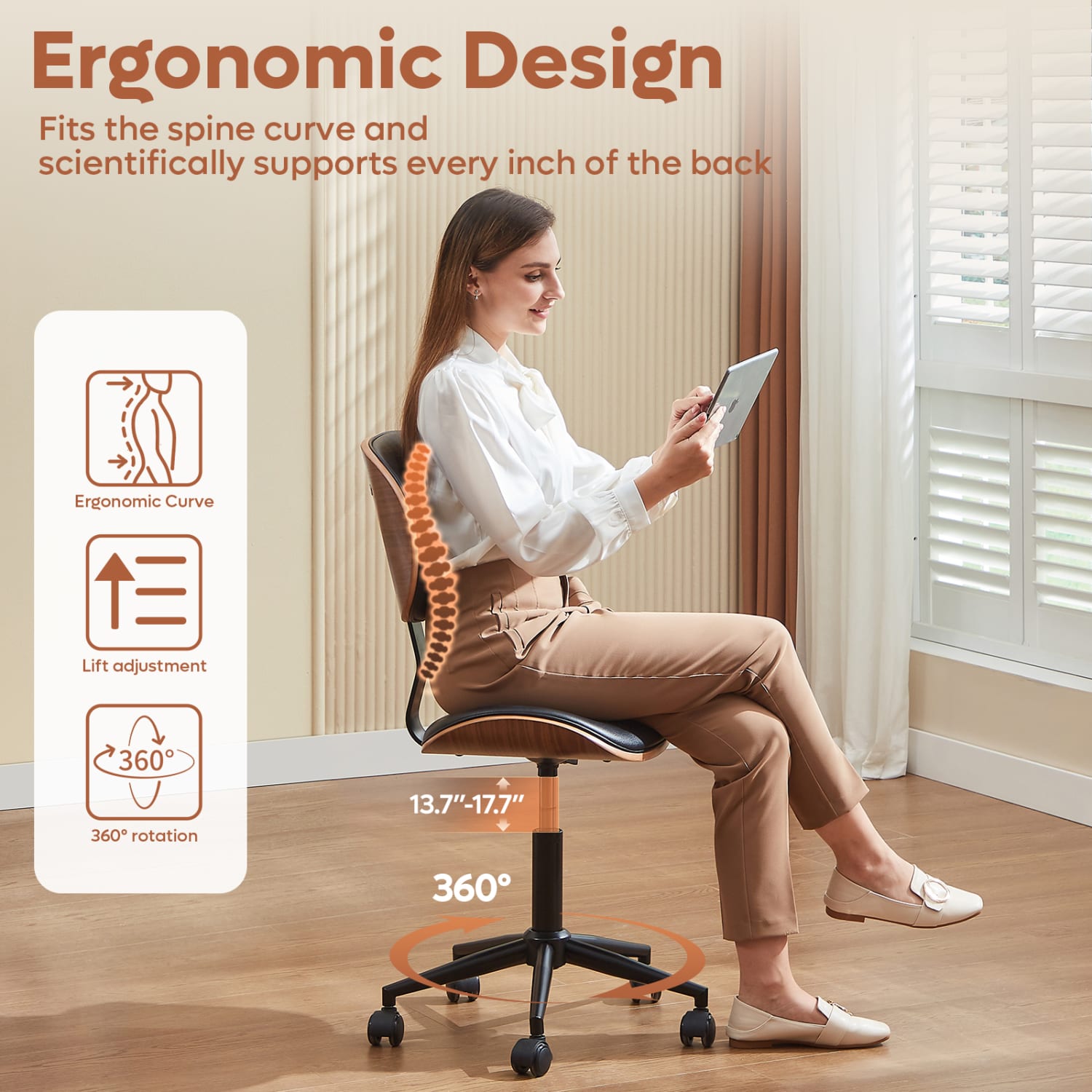 Bestier Ergonomic Faux Leather Mid-Back Armless Office Task Chair With Swivel Curved Seat, Black - Image 5