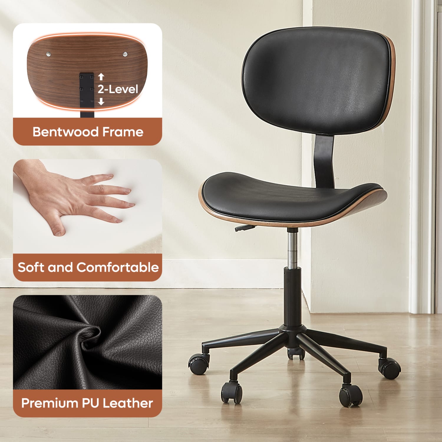 Bestier Ergonomic Faux Leather Mid-Back Armless Office Task Chair With Swivel Curved Seat, Black - Image 6
