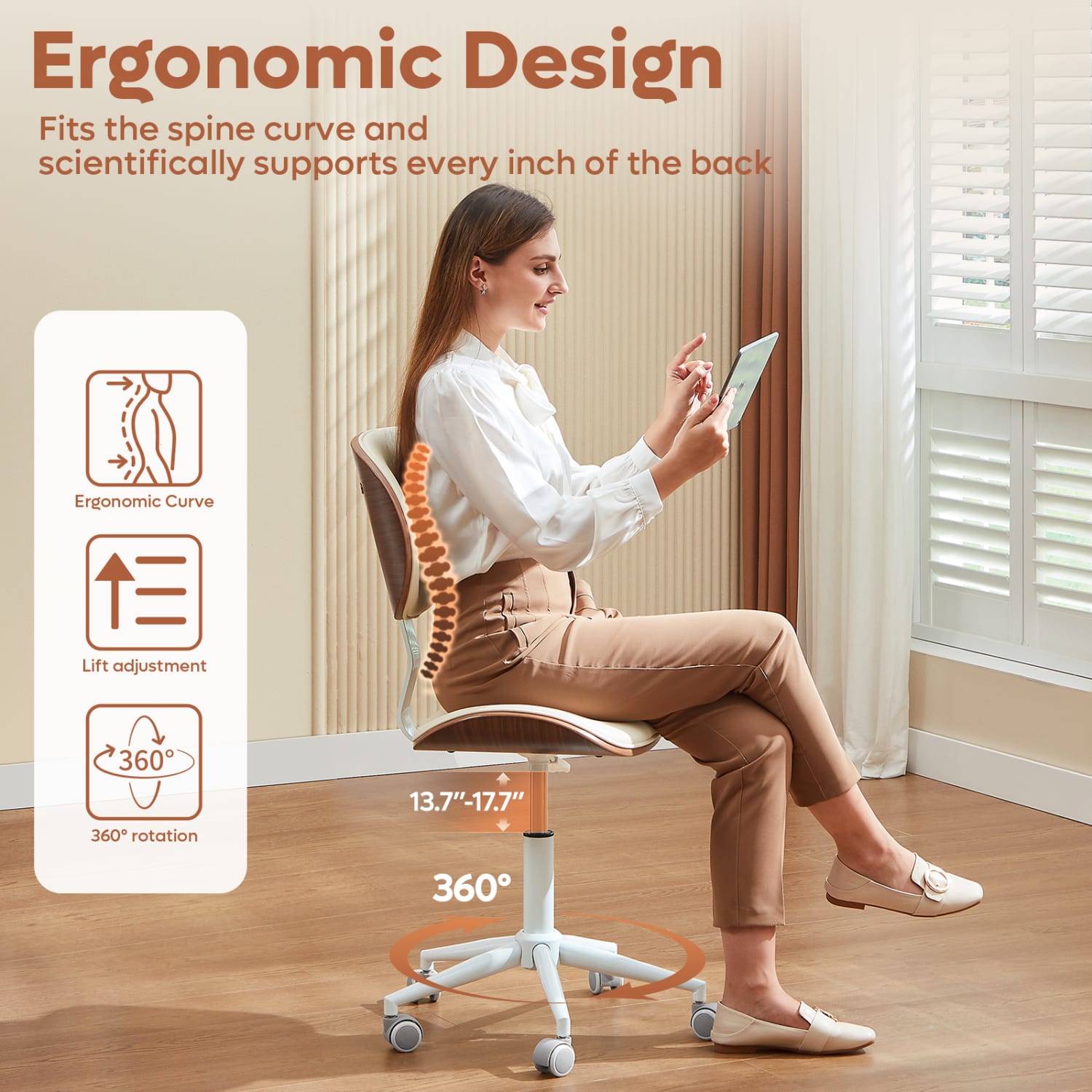 Bestier Ergonomic Faux Leather Mid-Back Armless Office Task Chair With Swivel Curved Seat, White - Image 4