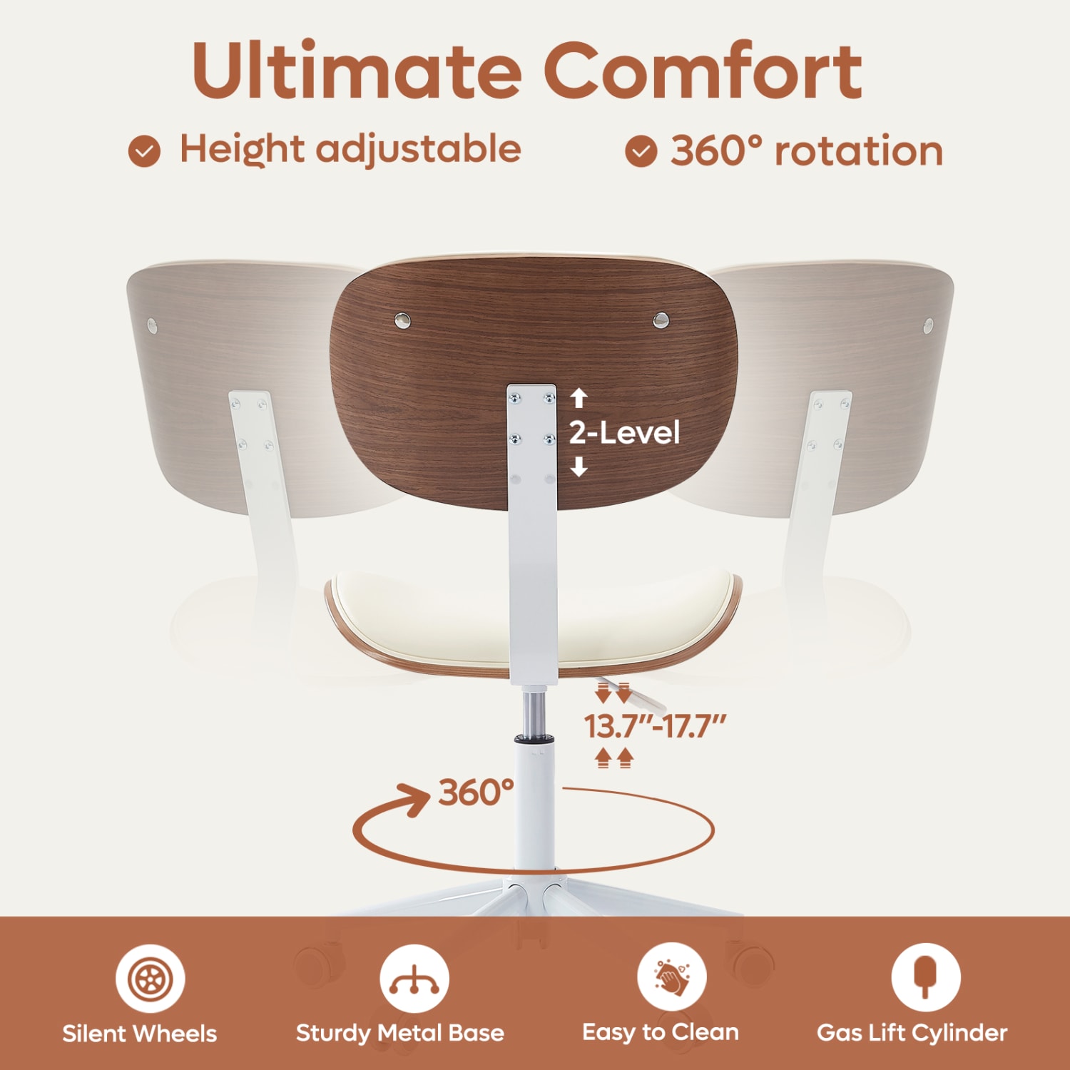 Bestier Ergonomic Faux Leather Mid-Back Armless Office Task Chair With Swivel Curved Seat, White - Image 5