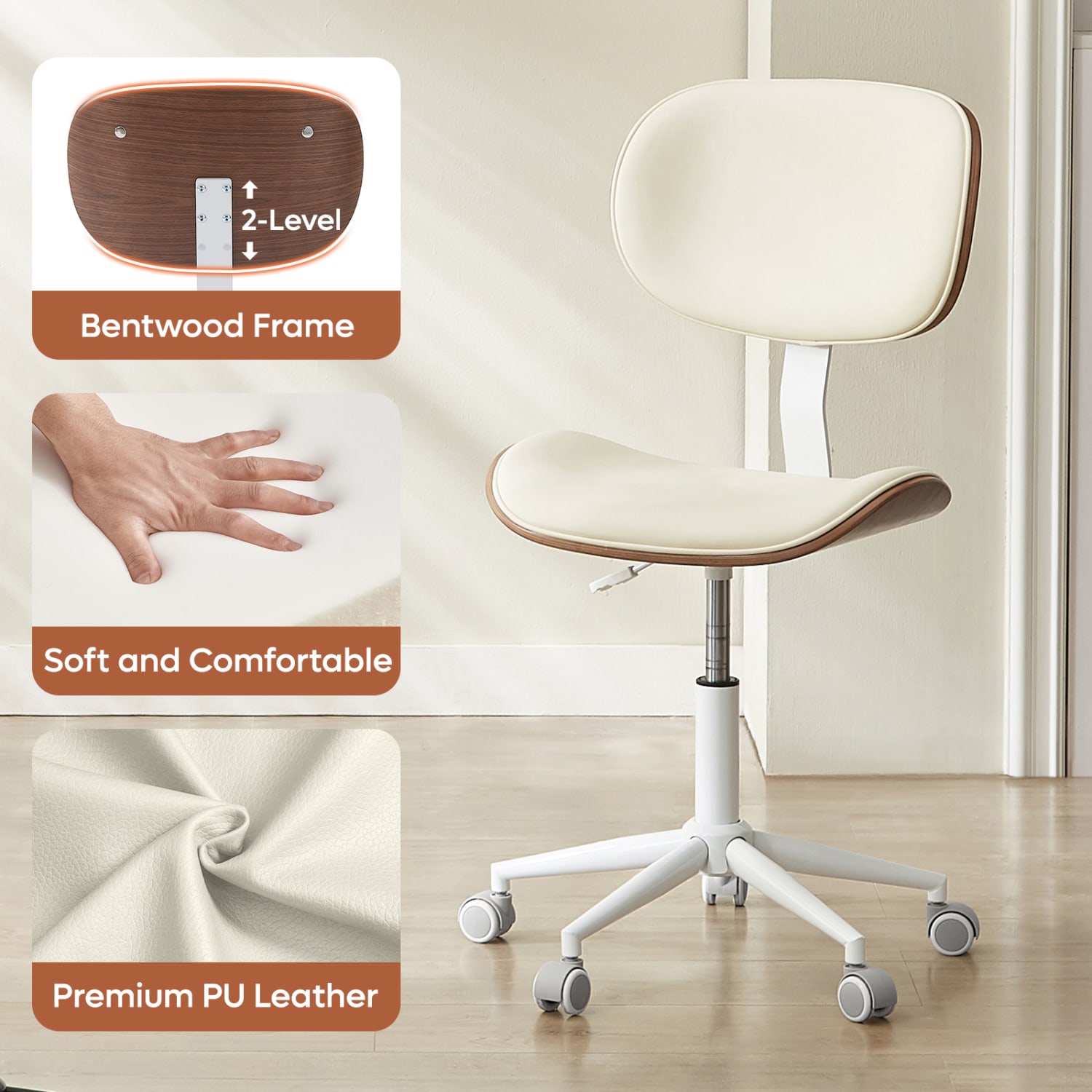 Bestier Ergonomic Faux Leather Mid-Back Armless Office Task Chair With Swivel Curved Seat, White - Image 6