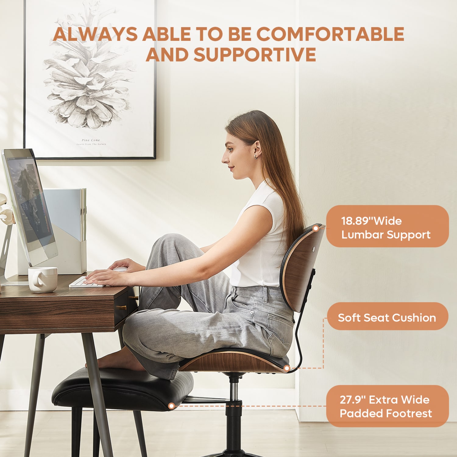Bestier Ergonomic Faux Leather Mid-Back Cross Legged Office Task Chair With Wheels, Black - Image 3