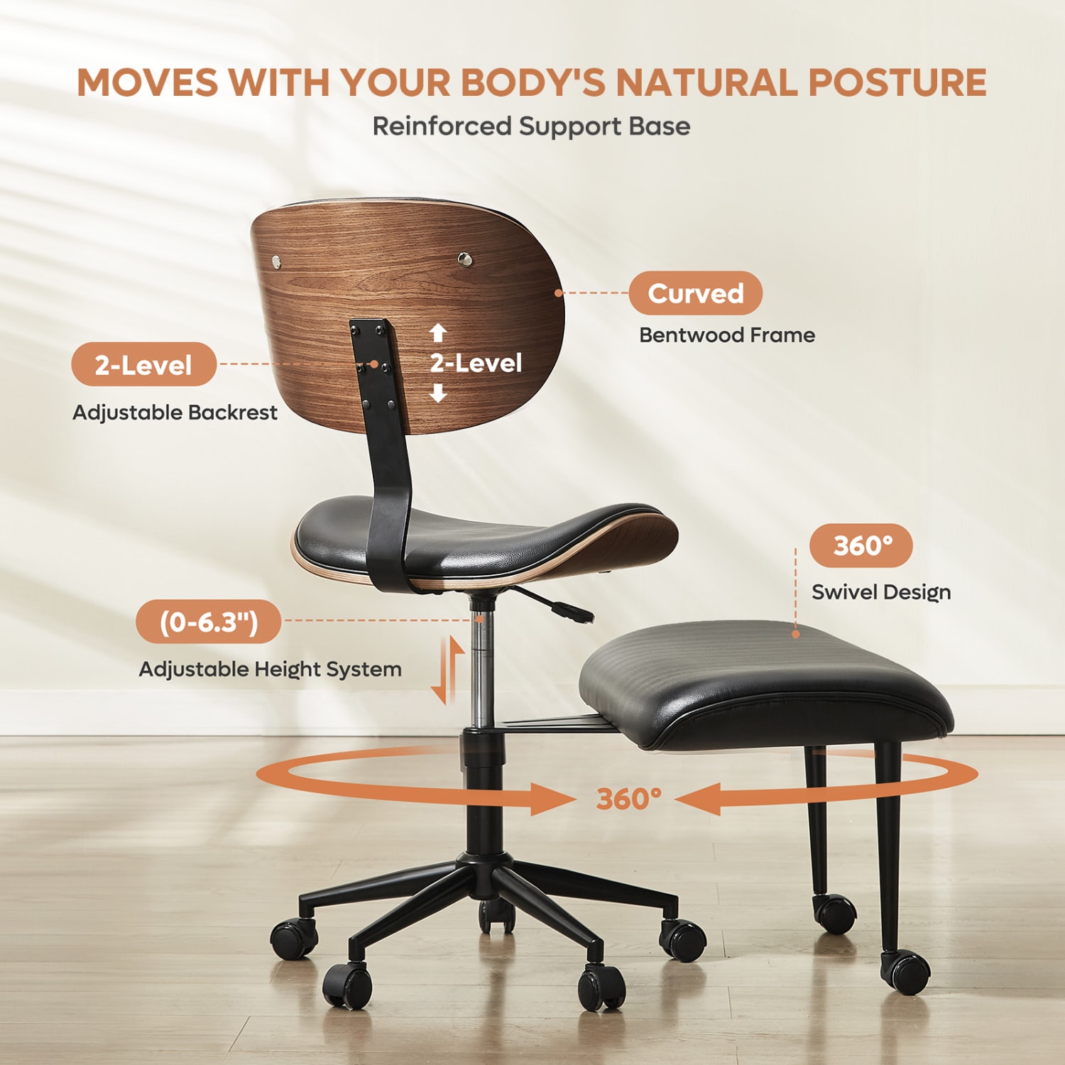 Bestier Ergonomic Faux Leather Mid-Back Cross Legged Office Task Chair With Wheels, Black - Image 5