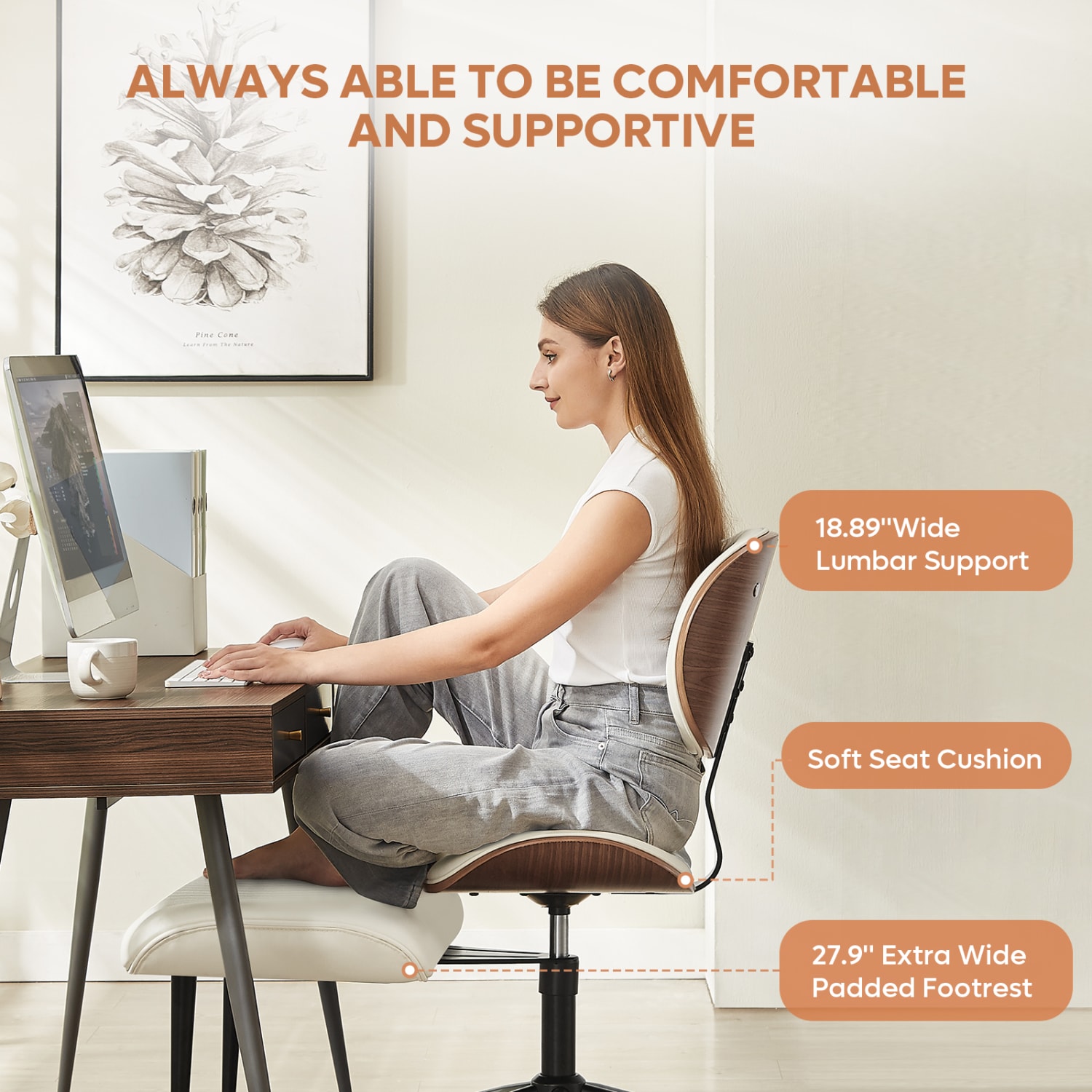 Bestier Ergonomic Faux Leather Mid-Back Cross Legged Office Task Chair With Wheels, White - Image 3