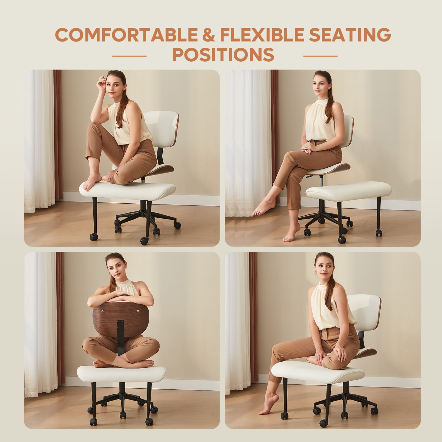 Bestier Ergonomic Faux Leather Mid-Back Cross Legged Office Task Chair With Wheels, White - Image 4