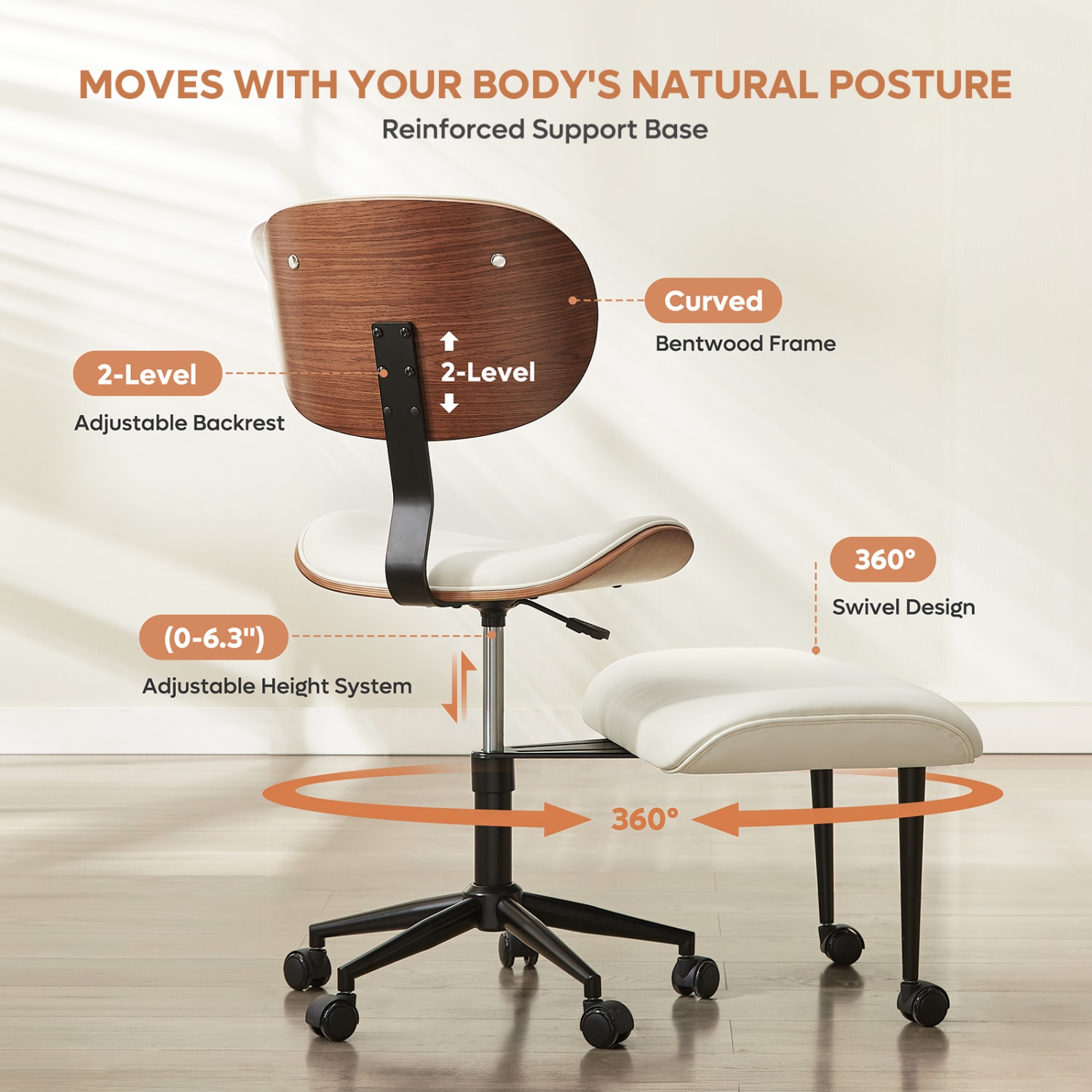 Bestier Ergonomic Faux Leather Mid-Back Cross Legged Office Task Chair With Wheels, White - Image 5